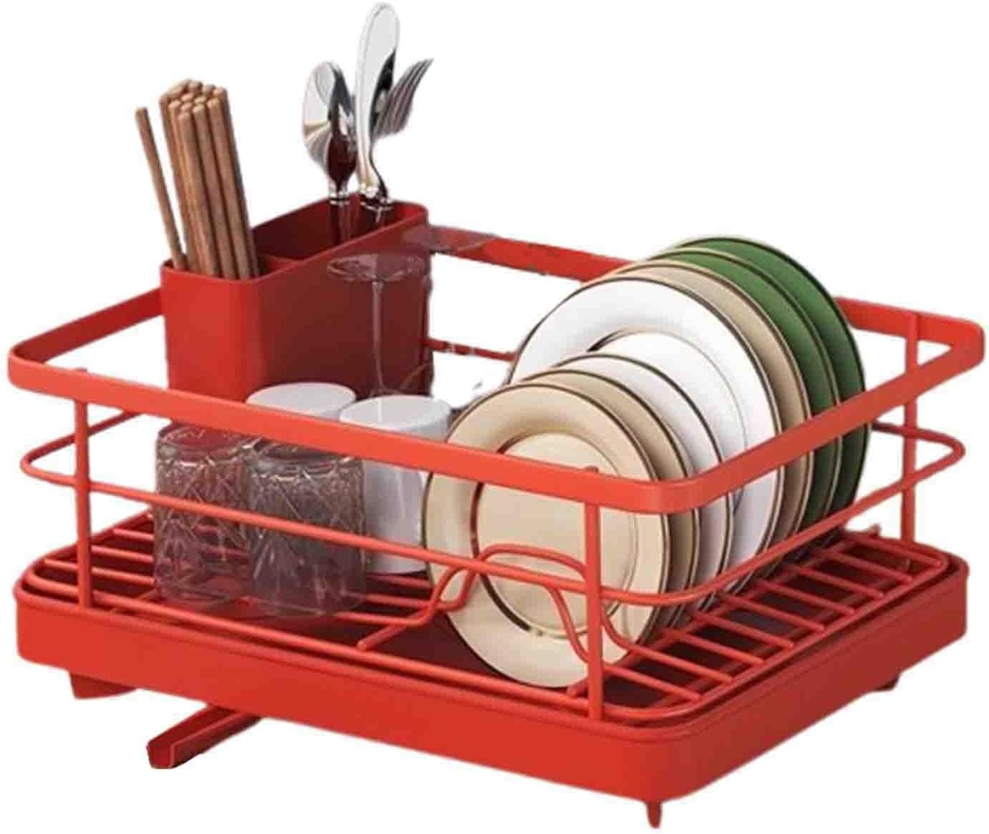 JUSHZ Dish Rack Dish Drying Rack Dish Drainer Over Sink Drainer Draining Rack with Drip Tray Stainless Steel with Cutlery Holder Drainage Removable Cutlery Basket Rotating Spout (40.5x30.5x13cm,Red)
