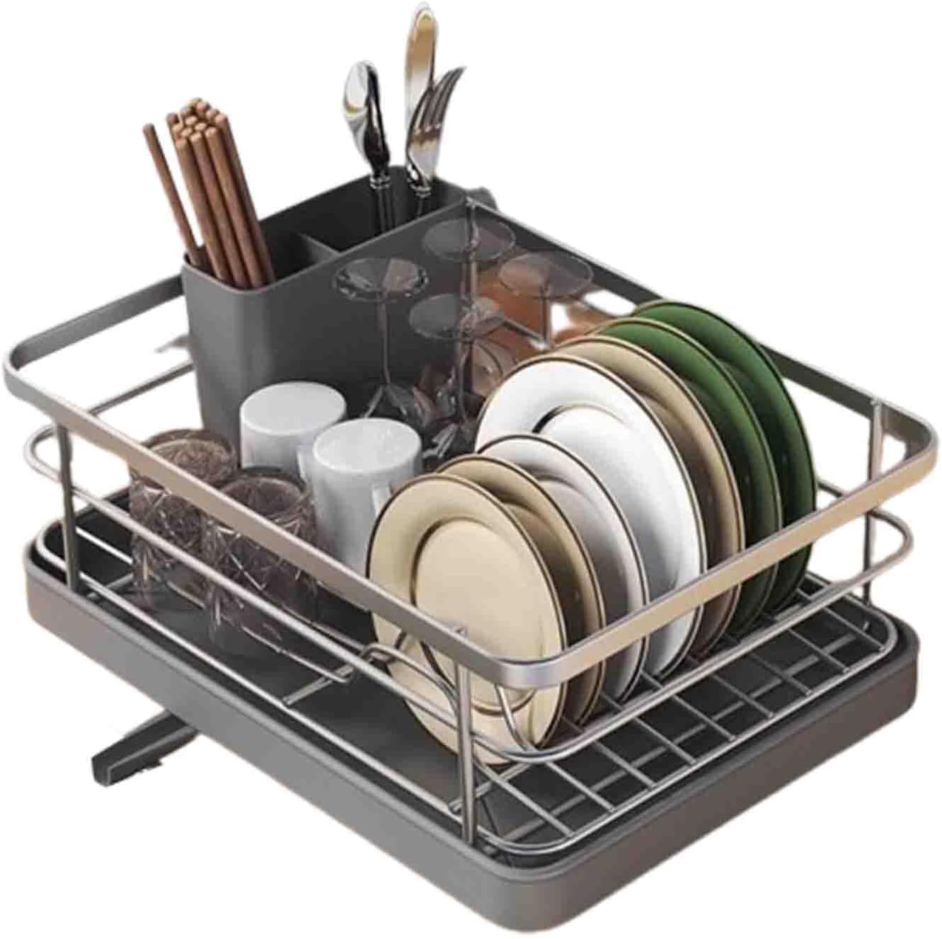 JUSHZ Dish Rack Dish Drying Rack Dish Drainer Over Sink Drainer Draining Rack with Drip Tray Stainless Steel with Cutlery Holder Drainage Removable Cutlery Basket Rotating Spout (40.5x30.5x13cm,Red)