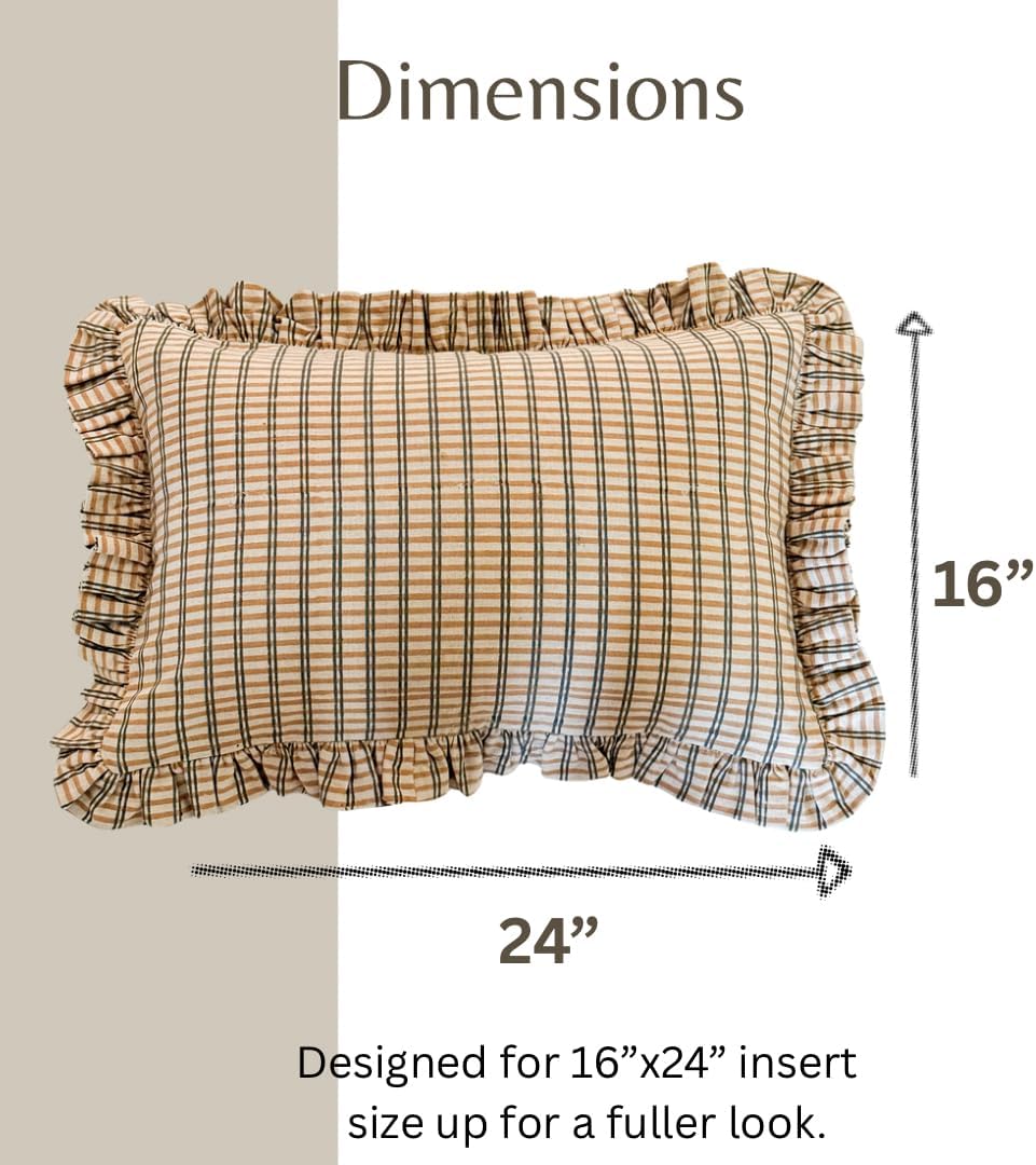 Palm & Loom 100% Cotton Linen Cushion Cover - Mitti Decorative Throw Pillow Case with Brown Check with Self Ruffle Trim - Modern Living Room, Bedroom Pillow Cover - 16x24 Inch