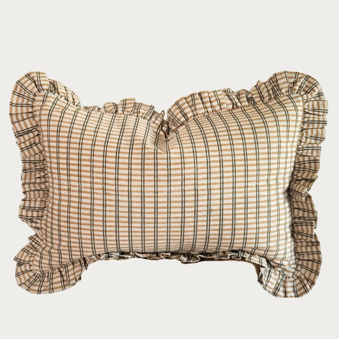 Palm & Loom 100% Cotton Linen Cushion Cover - Mitti Decorative Throw Pillow Case with Brown Check with Self Ruffle Trim - Modern Living Room, Bedroom Pillow Cover - 16x24 Inch