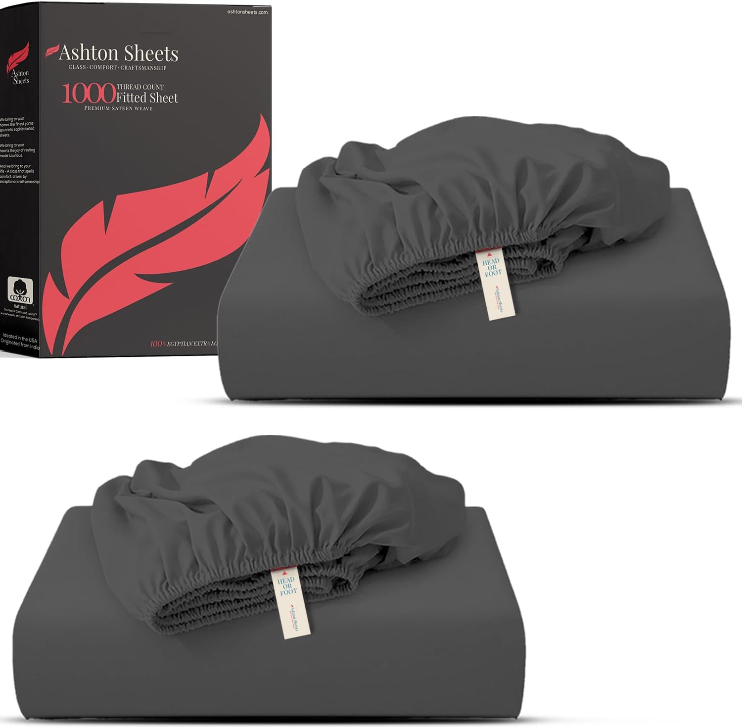 Ashton Sheets Luxury Egyptian Cotton Queen Fitted Sheet Pack of 2-1000-Thread-Count 16" Deep Pocket, Soft, Cooling, Sateen Weave, Extra Long Staple Queen Size - White