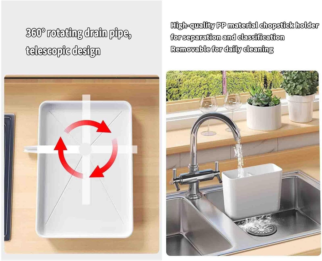 JUSHZ Dish Rack Dish Drying Rack Dish Drainer Over Sink Drainer Draining Rack with Drip Tray Stainless Steel with Cutlery Holder Drainage Removable Cutlery Basket Rotating Spout (40.5x30.5x13cm,Red)