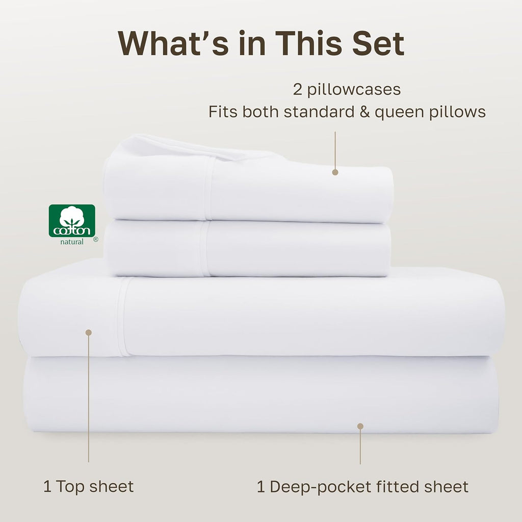 California Design Den Natural 100% Cotton Sheets Queen Size Bed Set - Soft 400 Thread Count Sateen, Queen Sheets, Deep Pockets with All Around Elastic for a Snug Fit, Durable Bedding - White