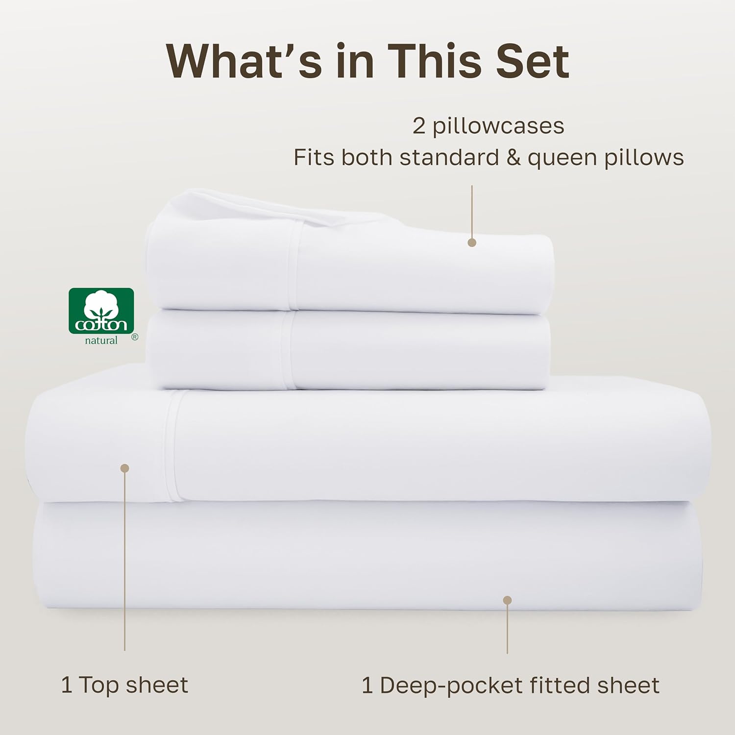 California Design Den Natural 100% Cotton Sheets Queen Size Bed Set - Soft 400 Thread Count Sateen, Queen Sheets, Deep Pockets with All Around Elastic for a Snug Fit, Durable Bedding - White