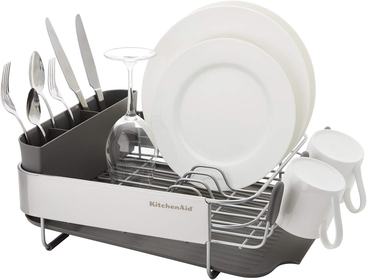KitchenAid Compact, Space Saving Rust Resistant Dish Rack, with Angled Self Draining Drain Board and Removable Flatware Caddy, 16.06-Inch, Gray