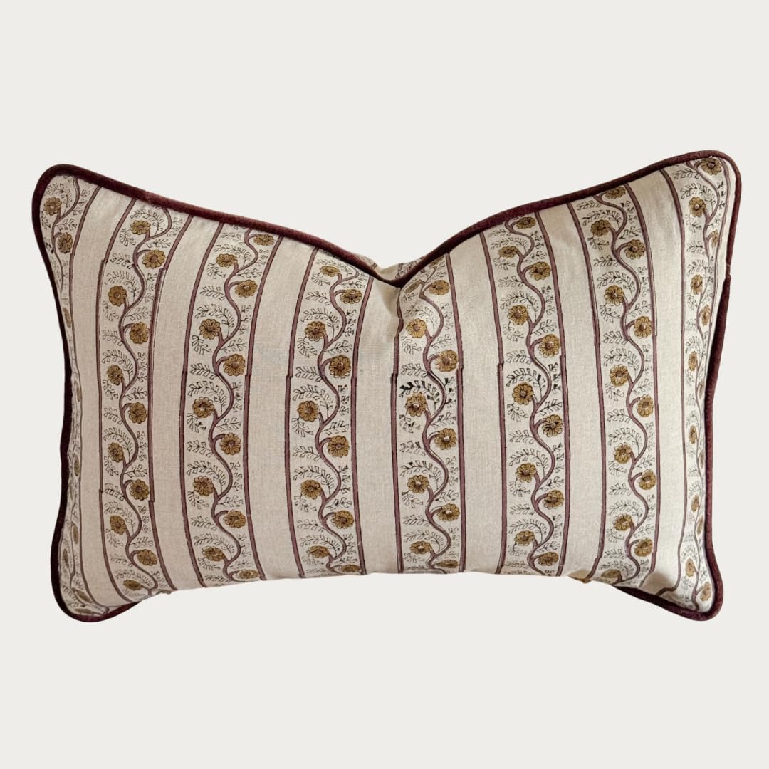 Palm & Loom 100% Cotton Linen Cushion Cover - Mitti Decorative Throw Pillow Case with Brown Check with Self Ruffle Trim - Modern Living Room, Bedroom Pillow Cover - 16x24 Inch