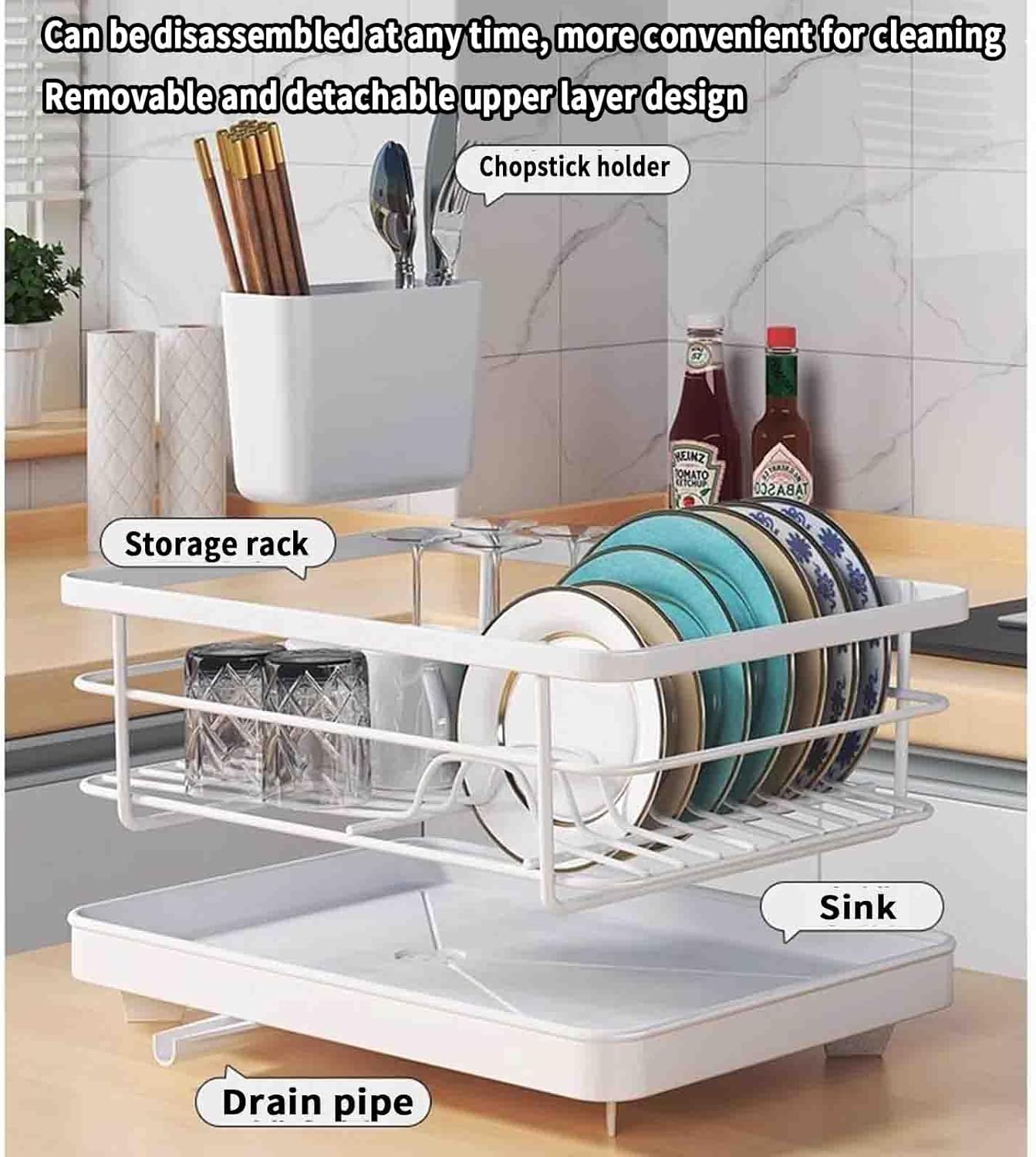 JUSHZ Dish Rack Dish Drying Rack Dish Drainer Over Sink Drainer Draining Rack with Drip Tray Stainless Steel with Cutlery Holder Drainage Removable Cutlery Basket Rotating Spout (40.5x30.5x13cm,Red)