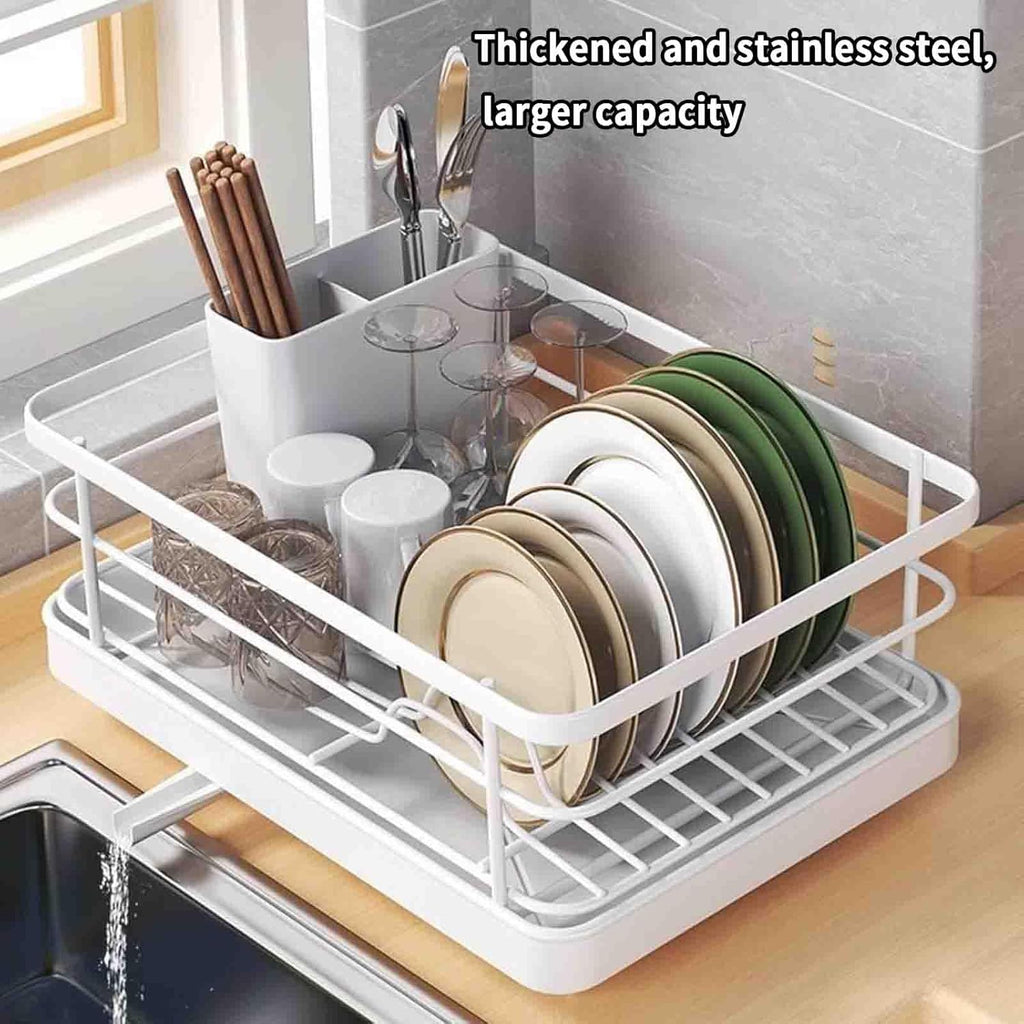 JUSHZ Dish Rack Dish Drying Rack Dish Drainer Over Sink Drainer Draining Rack with Drip Tray Stainless Steel with Cutlery Holder Drainage Removable Cutlery Basket Rotating Spout (40.5x30.5x13cm,Red)