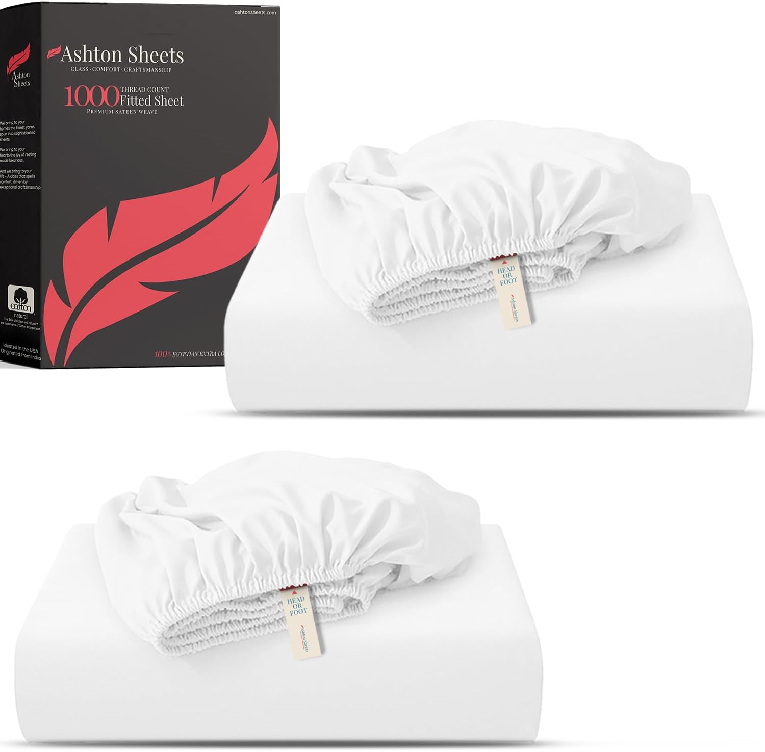 Ashton Sheets Luxury Egyptian Cotton Queen Fitted Sheet Pack of 2-1000-Thread-Count 16" Deep Pocket, Soft, Cooling, Sateen Weave, Extra Long Staple Queen Size - White