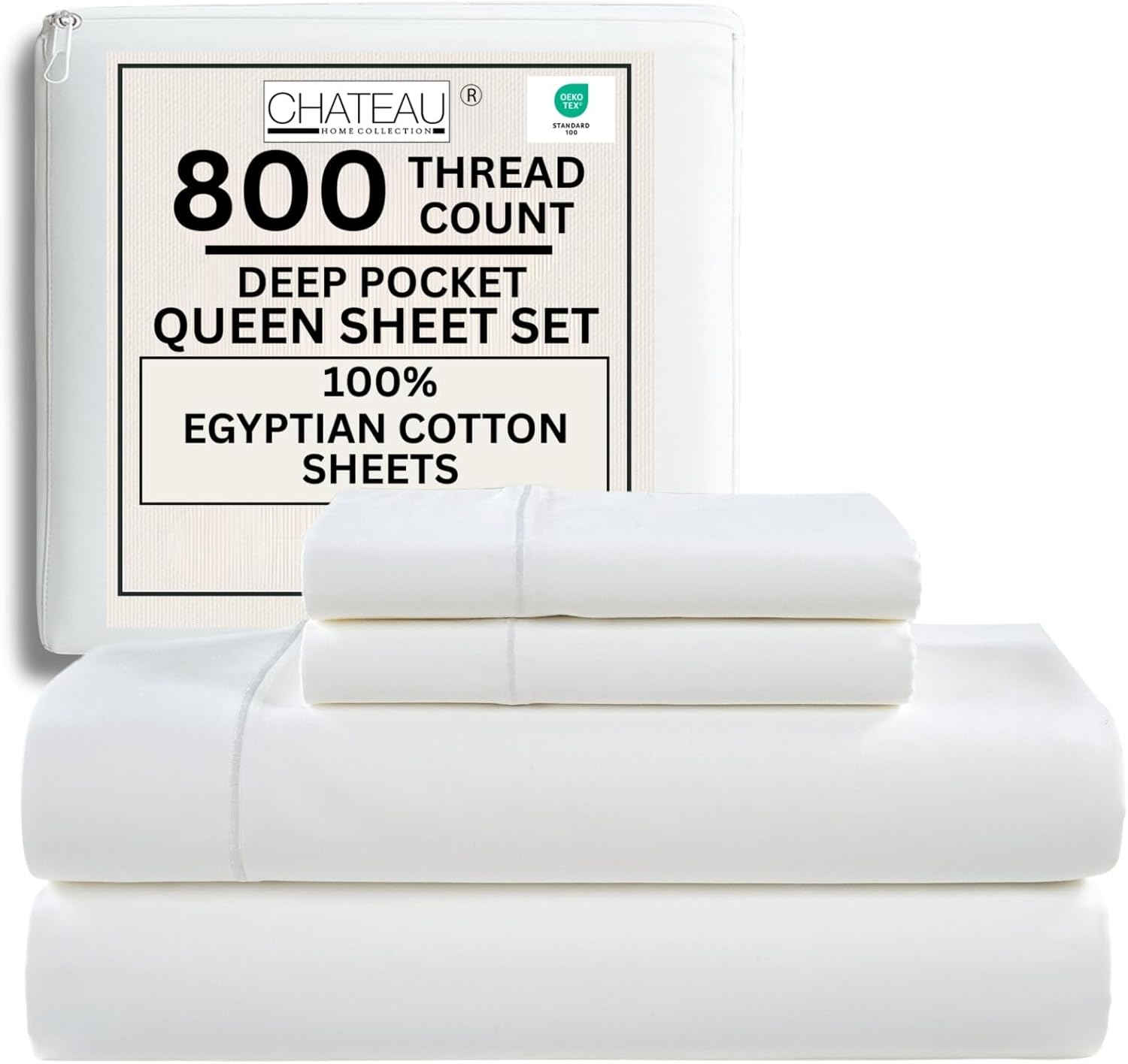 100% Egyptian Cotton Sheets King Size Sheets Set with Fully Elasticated Fitted Sheet & Pillowcase sets, 800 TC Hotel Collection Deep Pocket King Sheet Set, No Pill Soft Breathable Luxury White Bedding