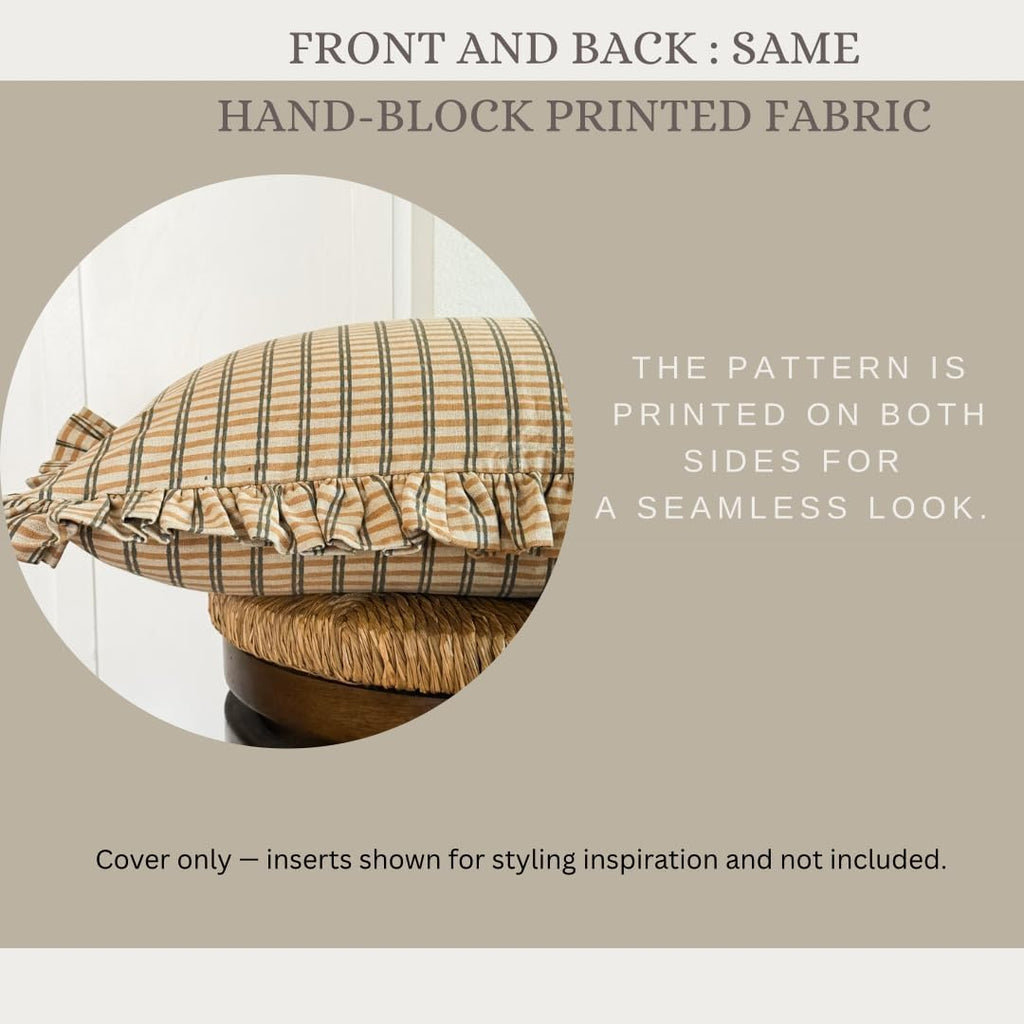 Palm & Loom 100% Cotton Linen Cushion Cover - Mitti Decorative Throw Pillow Case with Brown Check with Self Ruffle Trim - Modern Living Room, Bedroom Pillow Cover - 16x24 Inch