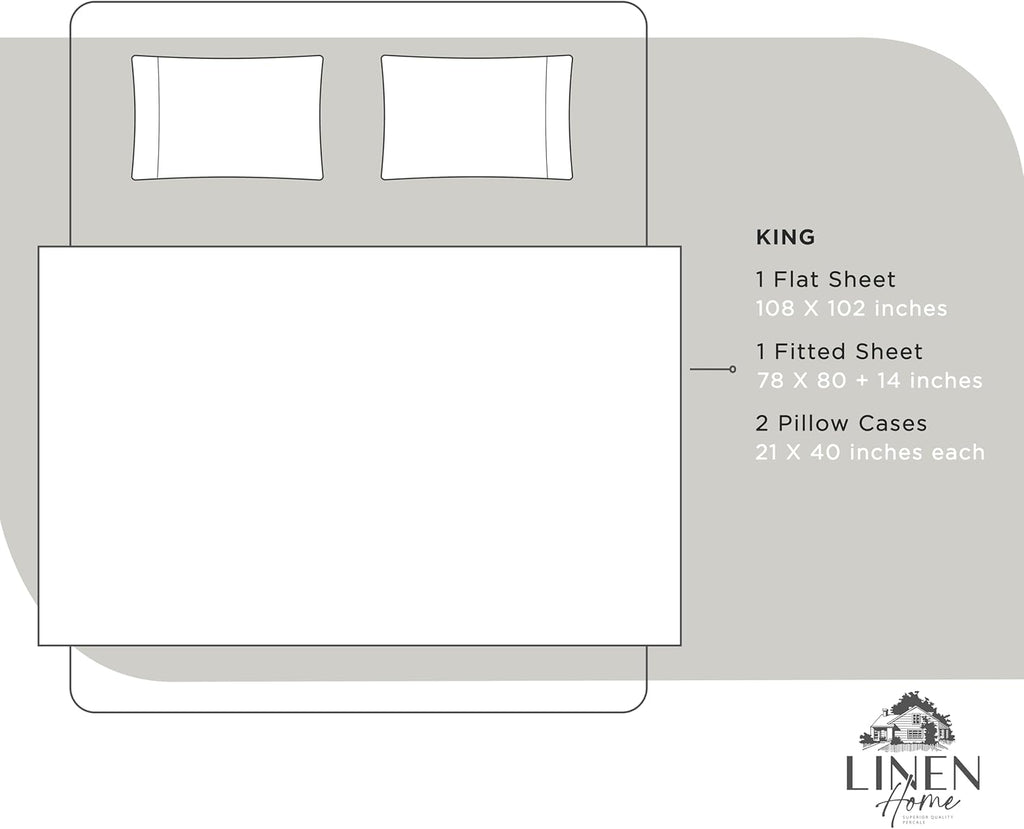 Linen Home 100% Cotton Percale Sheets King Size, White, Deep Pocket, 4 Pieces Set - 1 Flat, 1 Deep Pocket Fitted Sheet and 2 Pillowcases, Crisp Cool and Strong Bed Linen