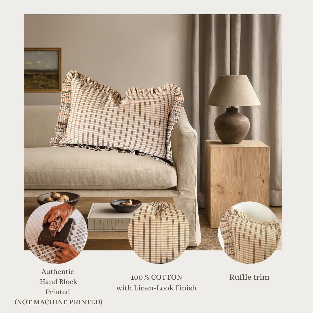 Palm & Loom 100% Cotton Linen Cushion Cover - Mitti Decorative Throw Pillow Case with Brown Check with Self Ruffle Trim - Modern Living Room, Bedroom Pillow Cover - 16x24 Inch