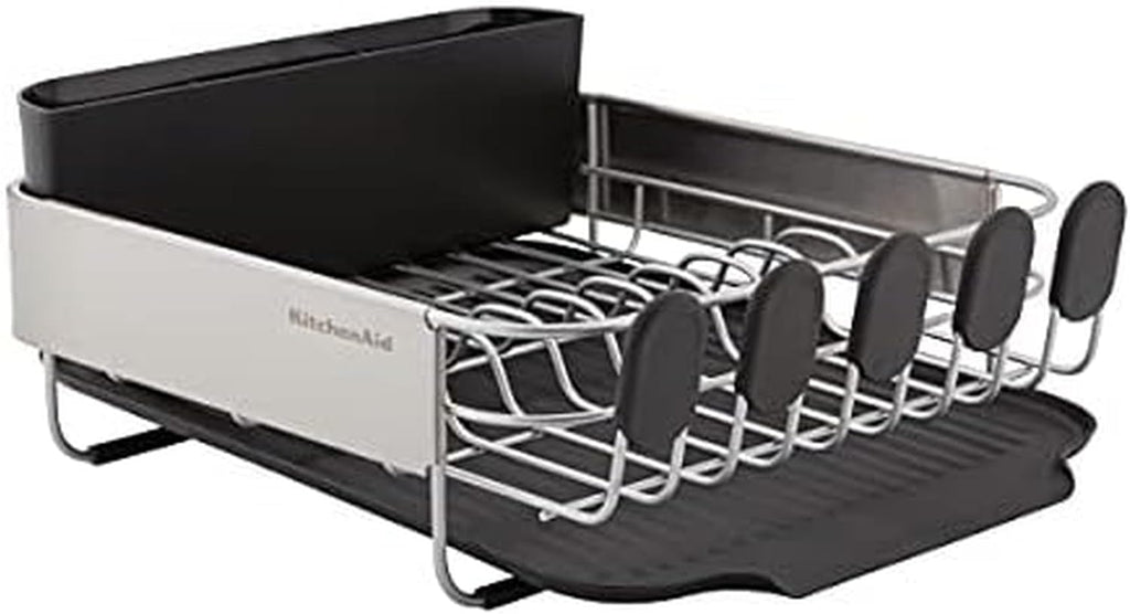 KitchenAid Compact, Space Saving Rust Resistant Dish Rack, with Angled Self Draining Drain Board and Removable Flatware Caddy, 16.06-Inch, Gray