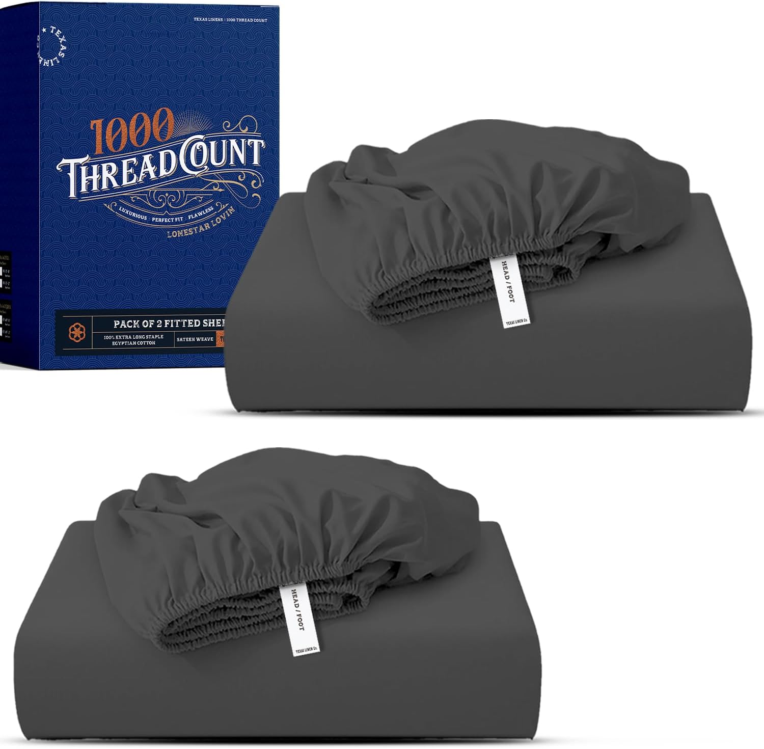 TEXAS LINEN CO. 100% Egyptian Cotton King Fitted Sheet Pack of 2 - Luxury High Thread Count Deep Pocket King Size Fitted Sheet Only (White), Soft, Cooling, Sateen Weave Hotel Quality Bottom Sheets