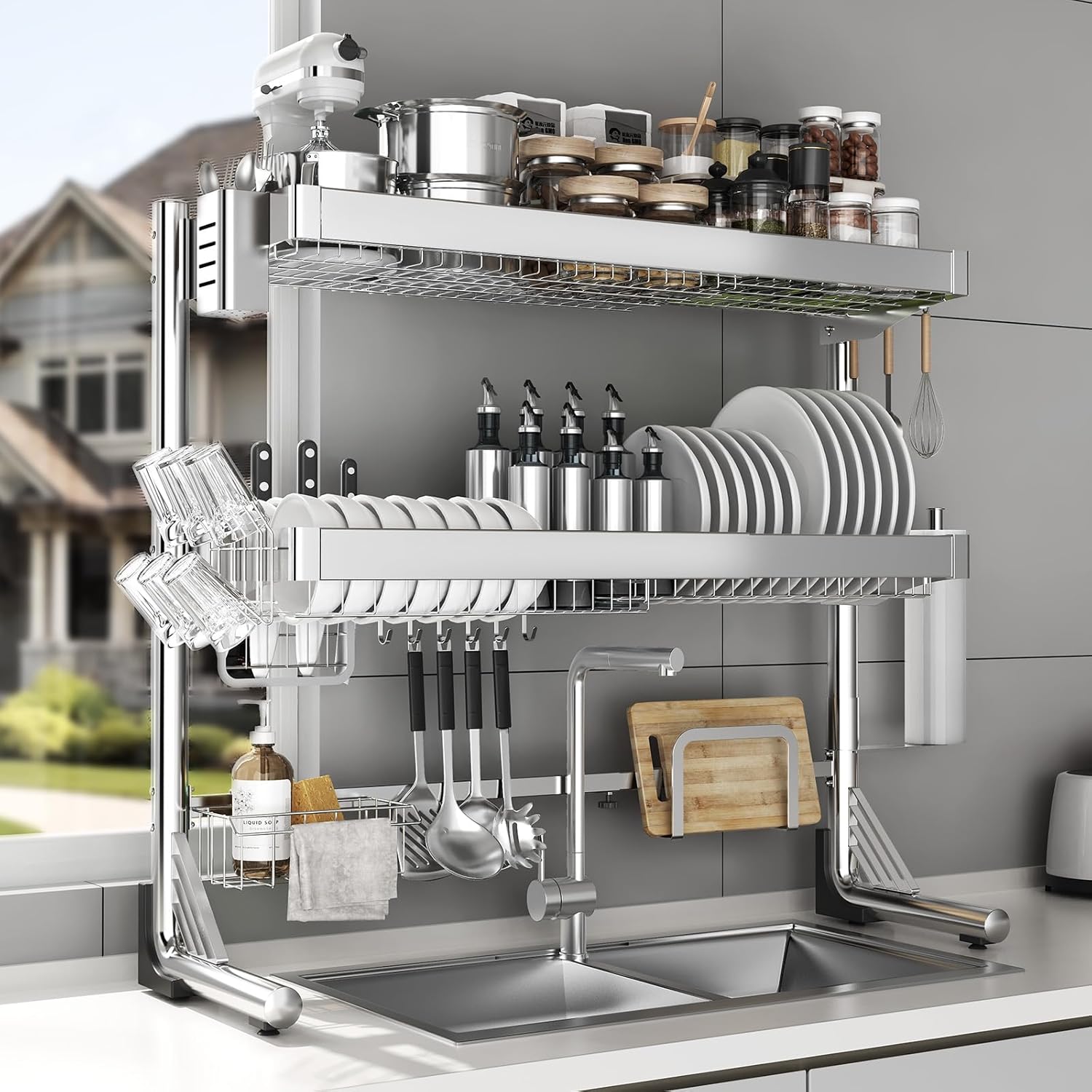 CUISIBOT Over The Sink Dish Drainer Drying Rack 3 Tier, Full Stainless Steel Dish Drying Rack Adjustable Length 20.9''-37.4'', Kitchen Sink Shelf, Organized Space-Saving Dish Rack