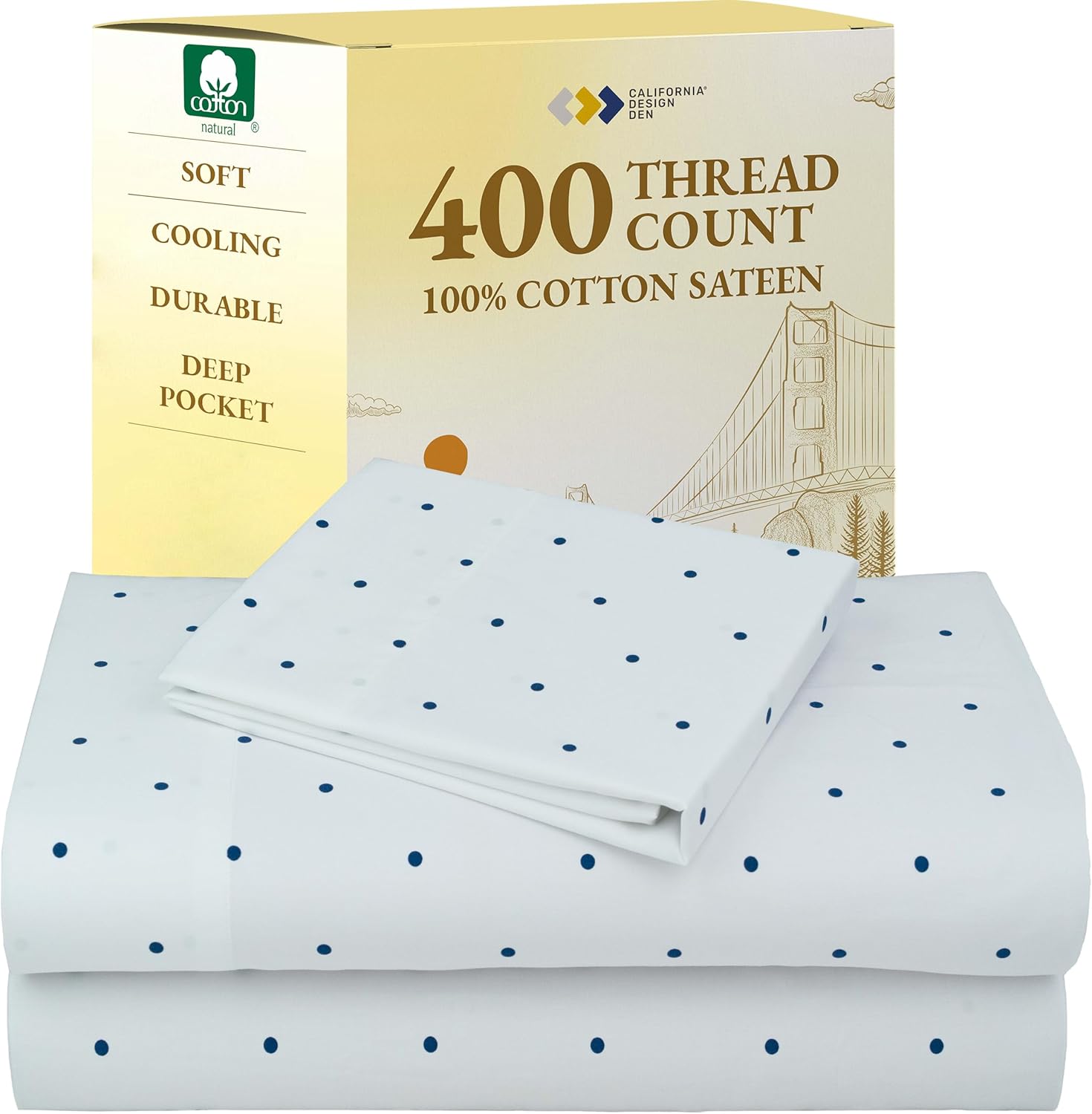 California Design Den Natural 100% Cotton Sheets Queen Size Bed Set - Soft 400 Thread Count Sateen, Queen Sheets, Deep Pockets with All Around Elastic for a Snug Fit, Durable Bedding - White
