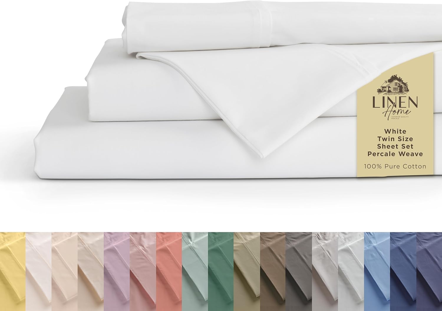Linen Home 100% Cotton Percale Sheets King Size, White, Deep Pocket, 4 Pieces Set - 1 Flat, 1 Deep Pocket Fitted Sheet and 2 Pillowcases, Crisp Cool and Strong Bed Linen