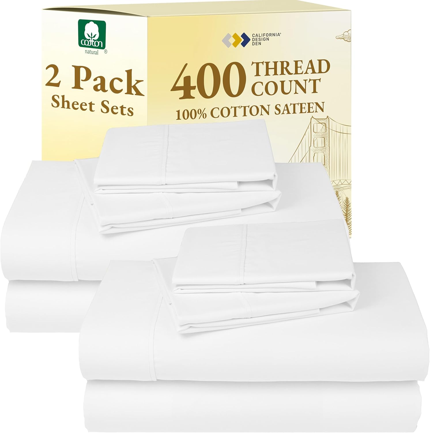 California Design Den Natural 100% Cotton Sheets Queen Size Bed Set - Soft 400 Thread Count Sateen, Queen Sheets, Deep Pockets with All Around Elastic for a Snug Fit, Durable Bedding - White
