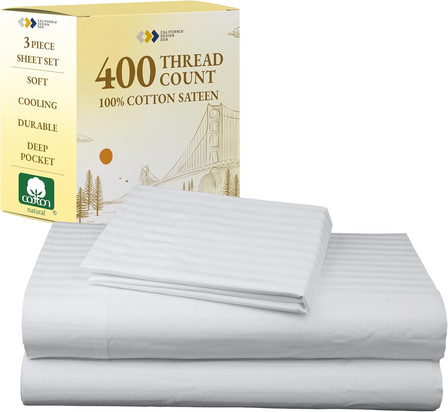California Design Den Natural 100% Cotton Sheets Queen Size Bed Set - Soft 400 Thread Count Sateen, Queen Sheets, Deep Pockets with All Around Elastic for a Snug Fit, Durable Bedding - White