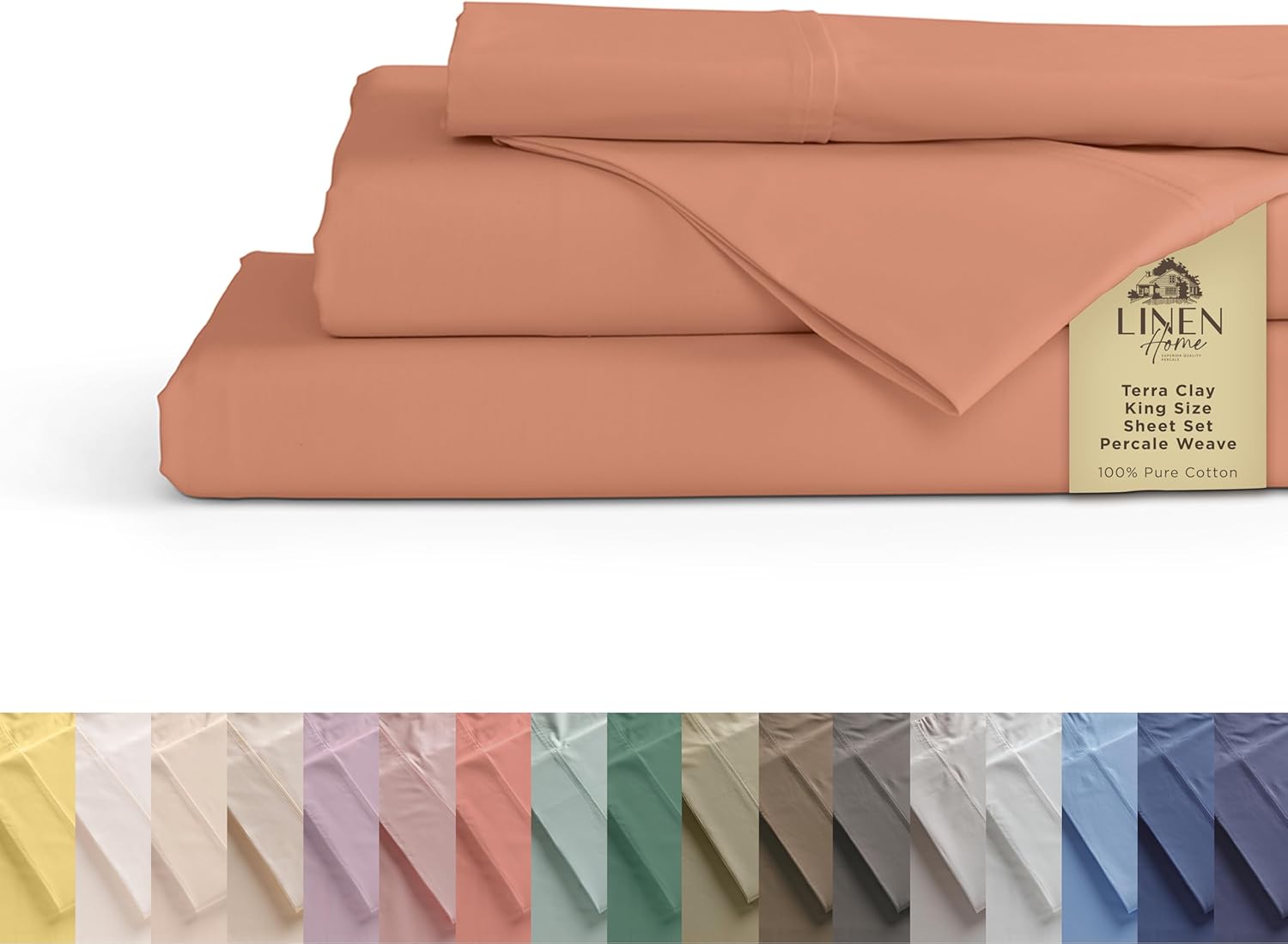 Linen Home 100% Cotton Percale Sheets King Size, White, Deep Pocket, 4 Pieces Set - 1 Flat, 1 Deep Pocket Fitted Sheet and 2 Pillowcases, Crisp Cool and Strong Bed Linen