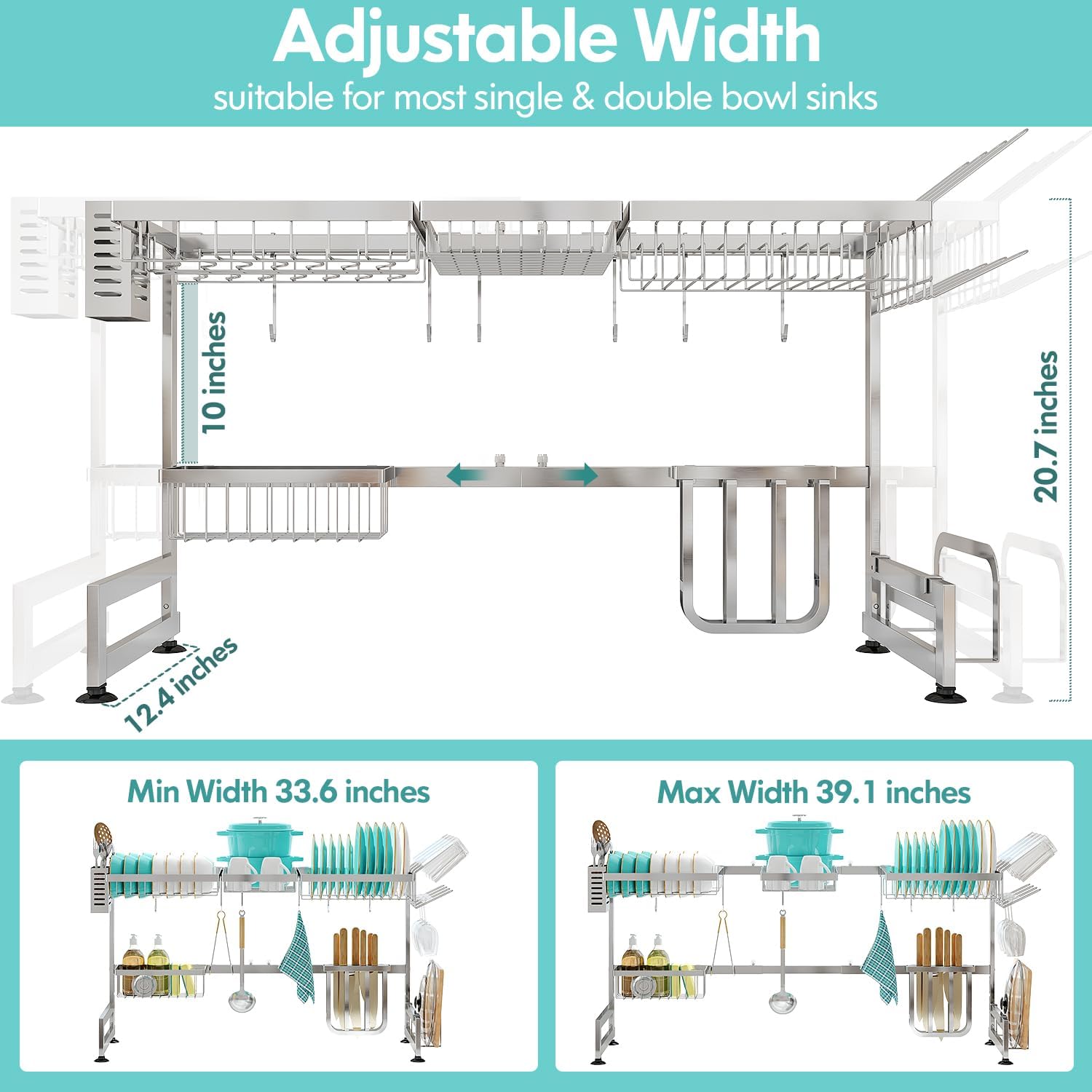 MAJALiS Over Sink Dish Drainer Drying Rack, 2 Tier Stainless Steel Dish Rack Over Sink Sink Length Adjustable (33.5-40 in), Expandable Drainer Shelf Rack with Multifunctional Organizers, Sliver