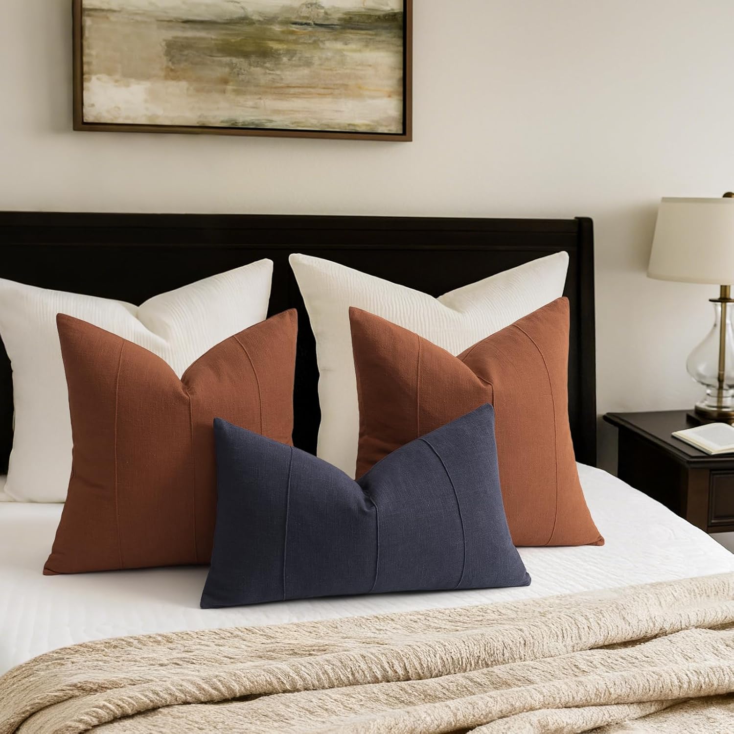 ZWJD Decorative Linen Throw Pillow Covers 26x26 Set of 2 Solid Handcrafted Striped Cushion Covers for Bed Soft Modern Farmhouse Neutral Pillowcase for Couch Bedroom Living Room Home Decor(Rust)