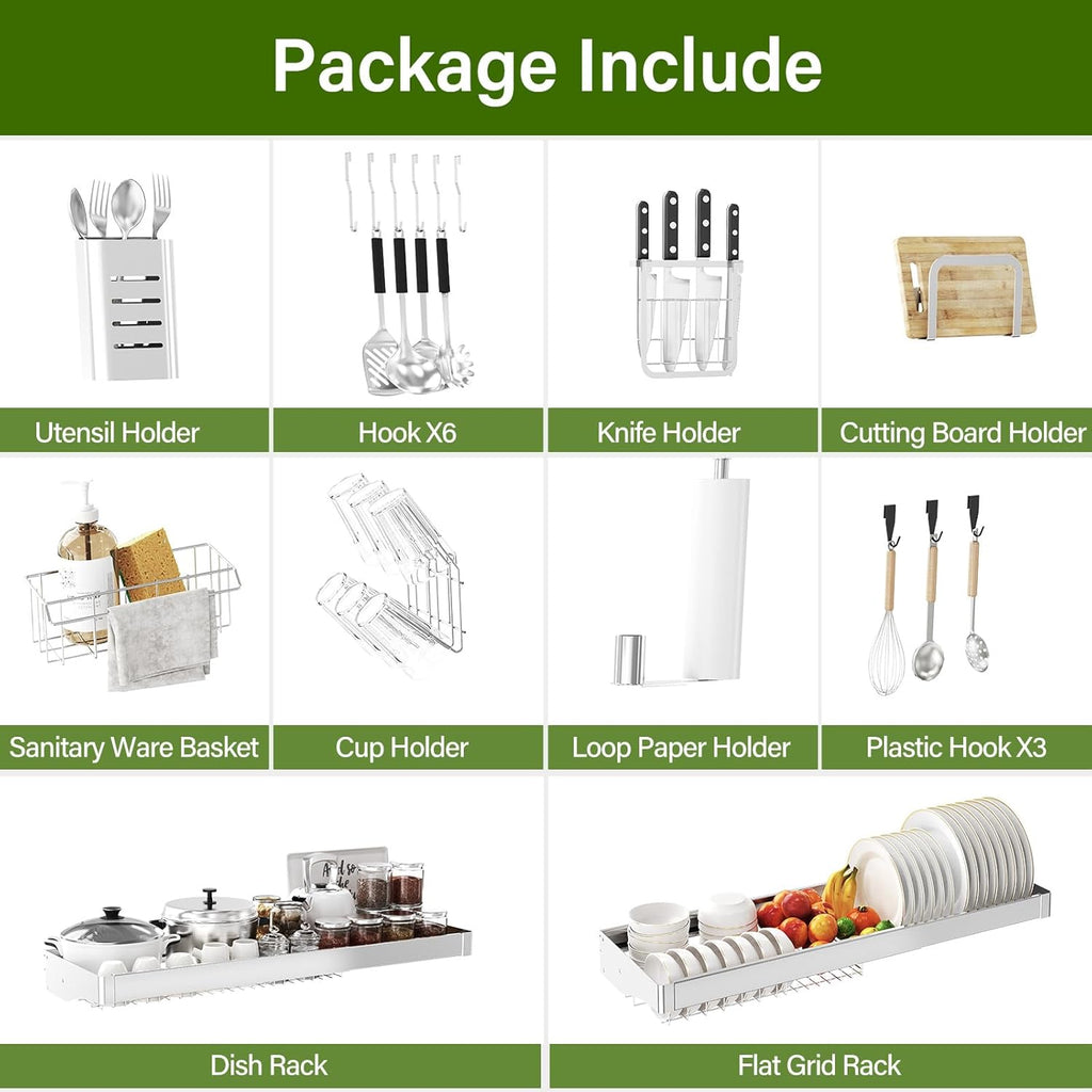 CUISIBOT Over The Sink Dish Drainer Drying Rack 3 Tier, Full Stainless Steel Dish Drying Rack Adjustable Length 20.9''-37.4'', Kitchen Sink Shelf, Organized Space-Saving Dish Rack