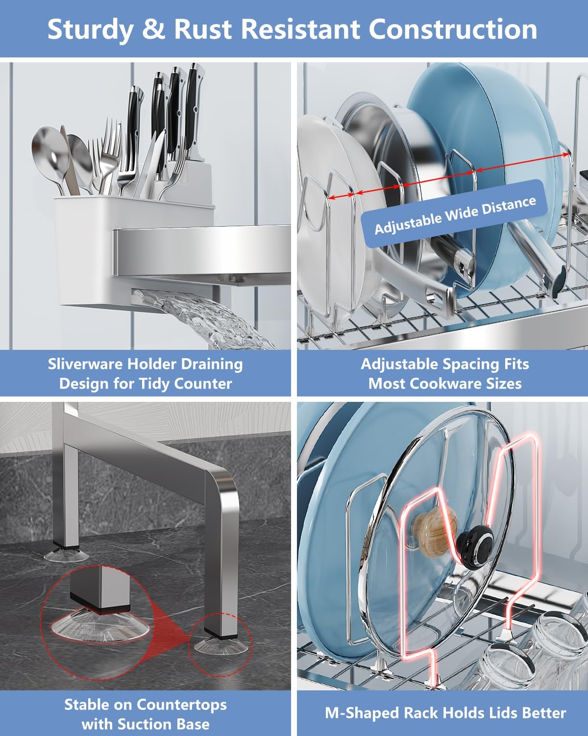 3 Tier Extra Large Over The Sink Dish Drying Rack, Expandable Stainless Steel Dish Drainer with Multifunctional Organizer, Space-Saving Above Sink Dish Rack with Large Capacity for Kitchen Counter