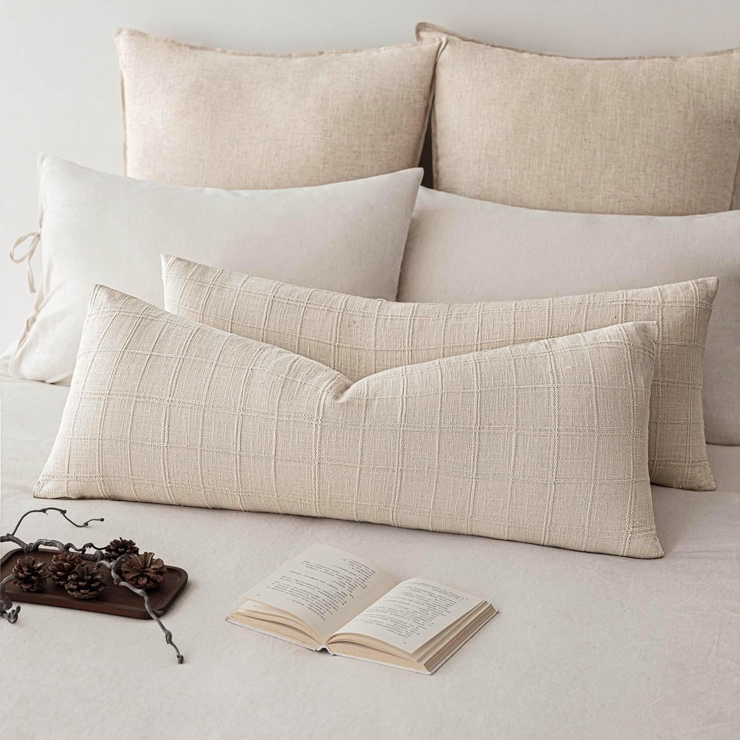 Foindtower Set of 2 Decorative Linen Check Throw Pillow Covers Neutral Farmhouse Vintage Cushion Covers Modern Boho Home Decor for Sofa Chair Couch Bedroom Living Room,26×26 Inch,Olive Green