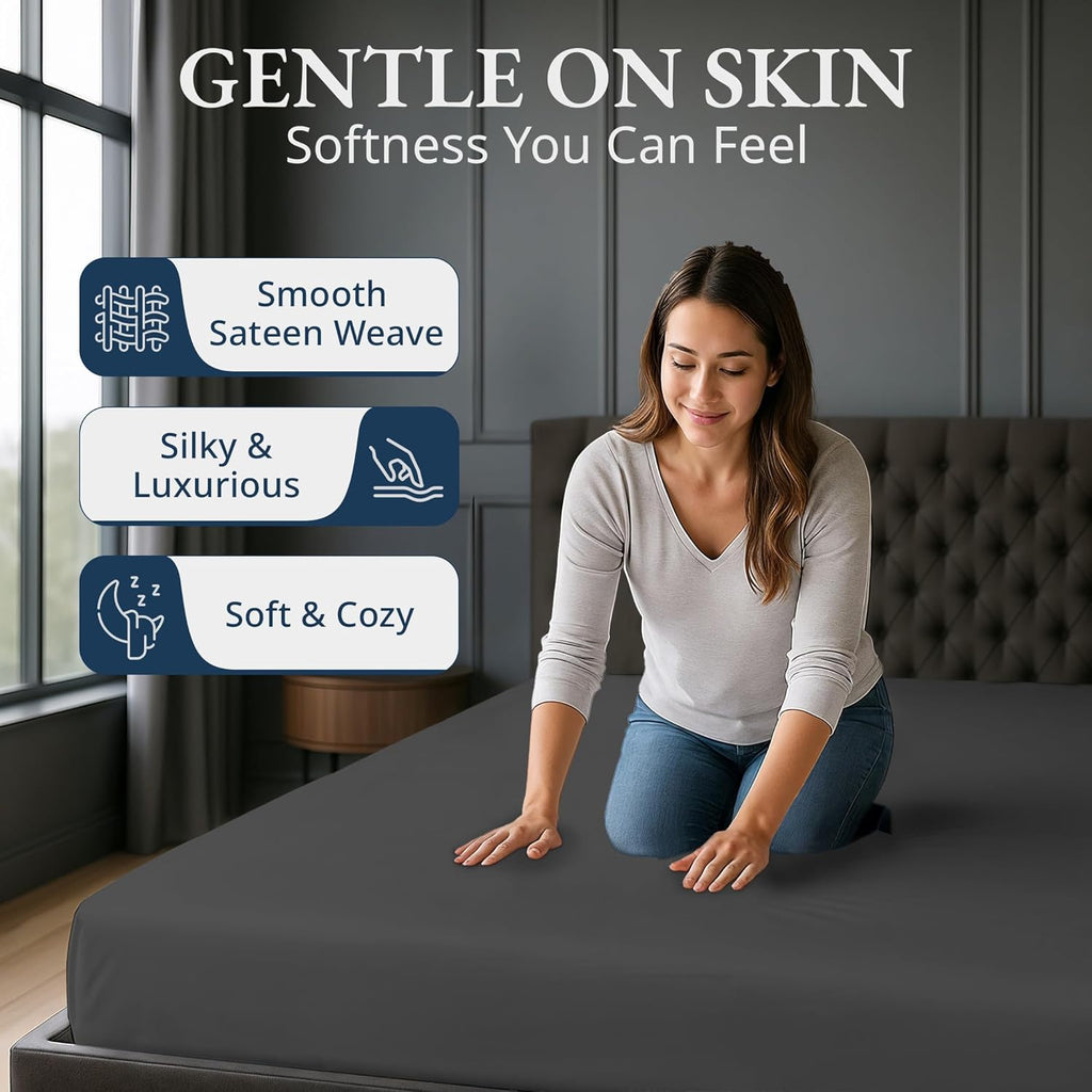 Lane Linen 100% Egyptian Cotton King Size Fitted Sheet Only (79"x81" + 16") - Elegant Sateen Weave, Ultra Soft, Breathable, Highly Durable, Deep Pockets Upto 17" - Charcoal