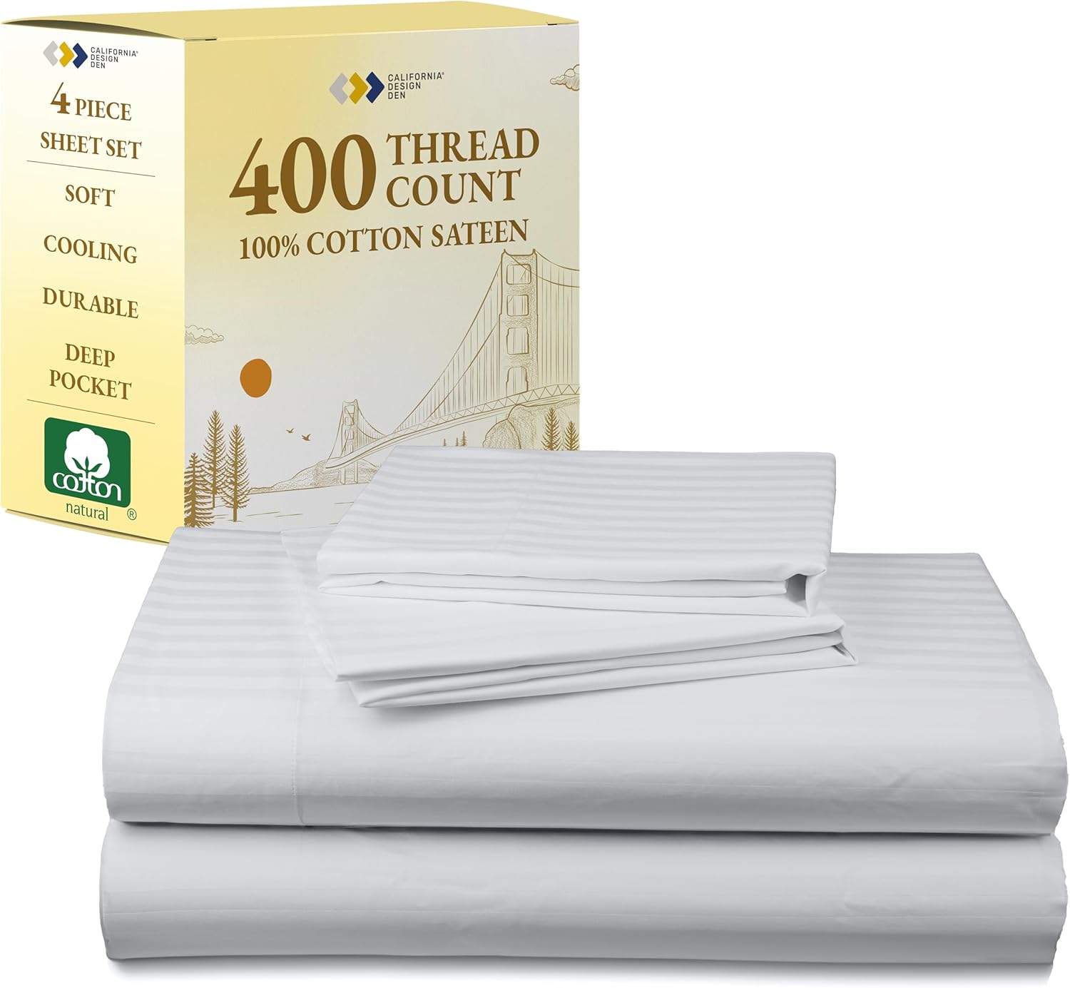 California Design Den Natural 100% Cotton Sheets Queen Size Bed Set - Soft 400 Thread Count Sateen, Queen Sheets, Deep Pockets with All Around Elastic for a Snug Fit, Durable Bedding - White