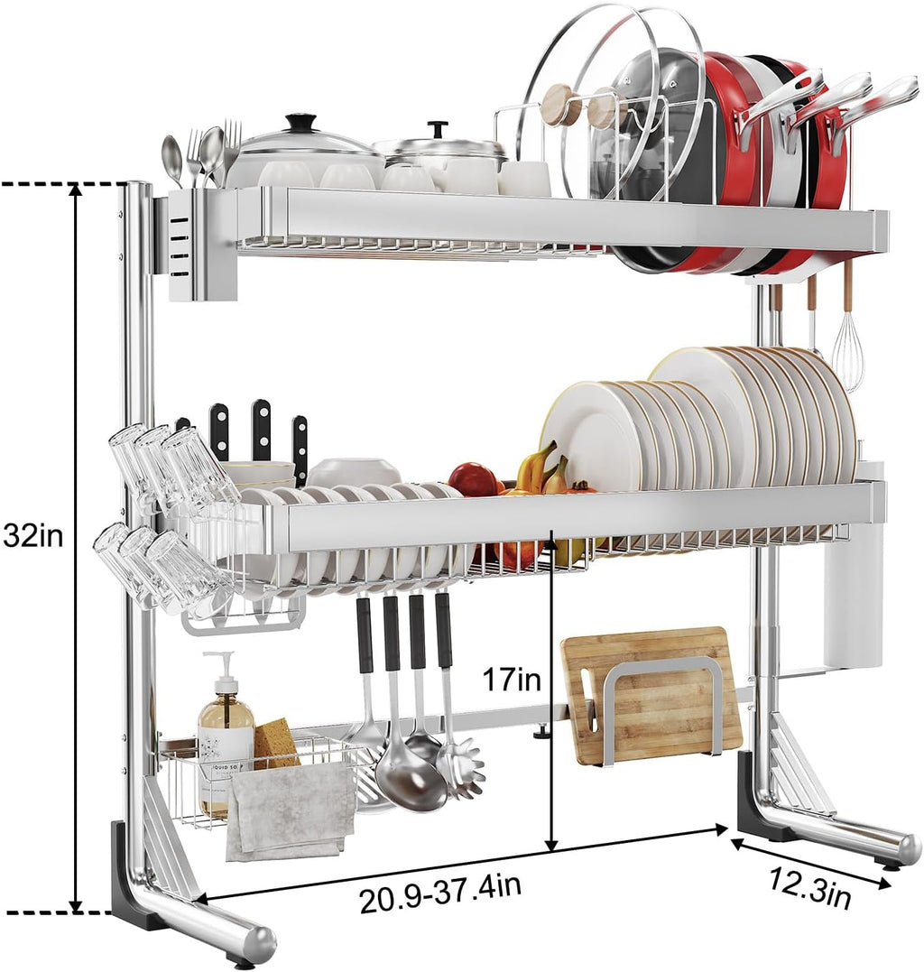 Over The Sink Dish Drainer Drying Rack 3 Tier, Full Stainless Steel Dish Drying Rack Adjustable Length 20.9''-37.4'' , Kitchen Sink Shelf, Organized Space-Saving Dish Rack with Pots and Pans Rack