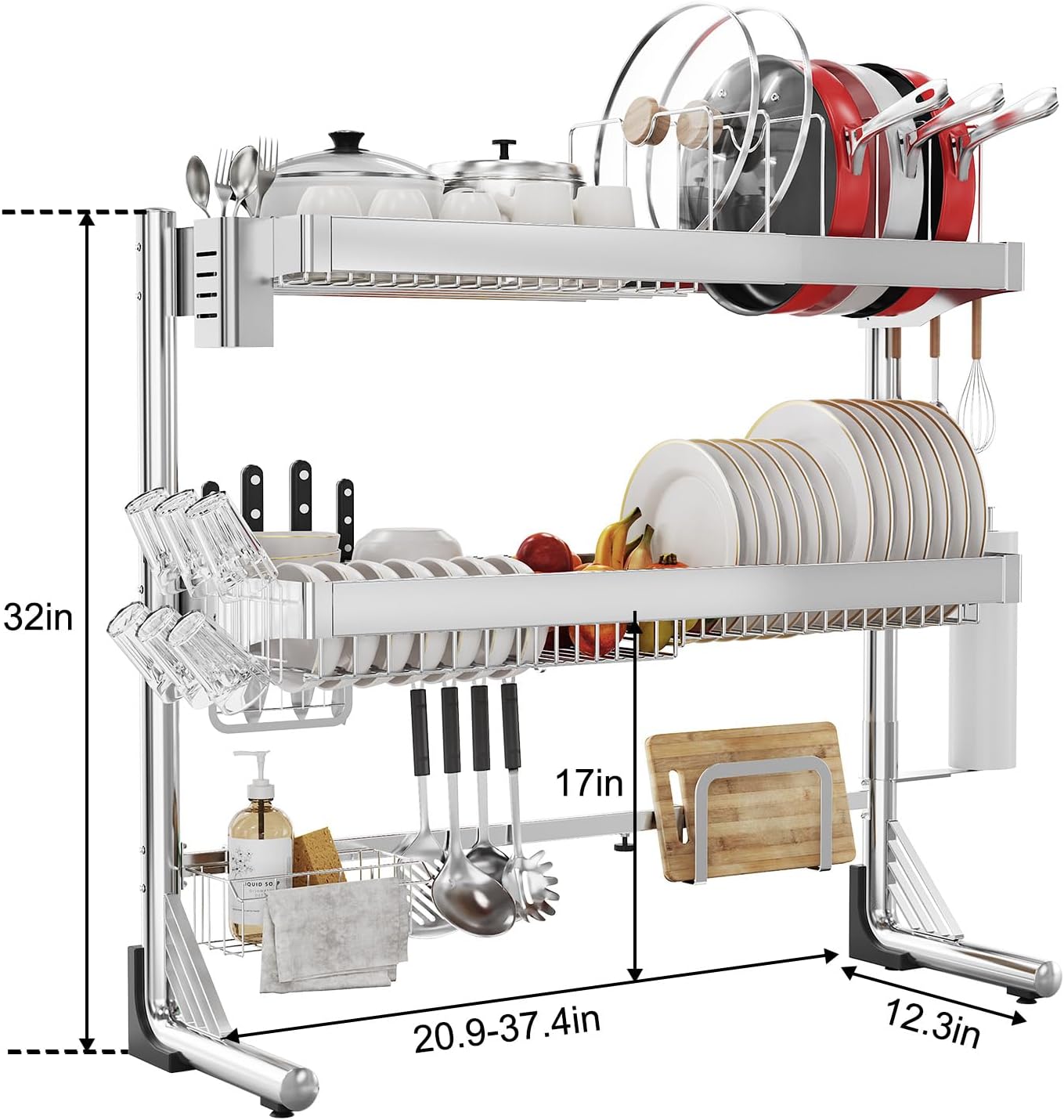 Over The Sink Dish Drainer Drying Rack 3 Tier, Full Stainless Steel Dish Drying Rack Adjustable Length 20.9''-37.4'' , Kitchen Sink Shelf, Organized Space-Saving Dish Rack with Pots and Pans Rack