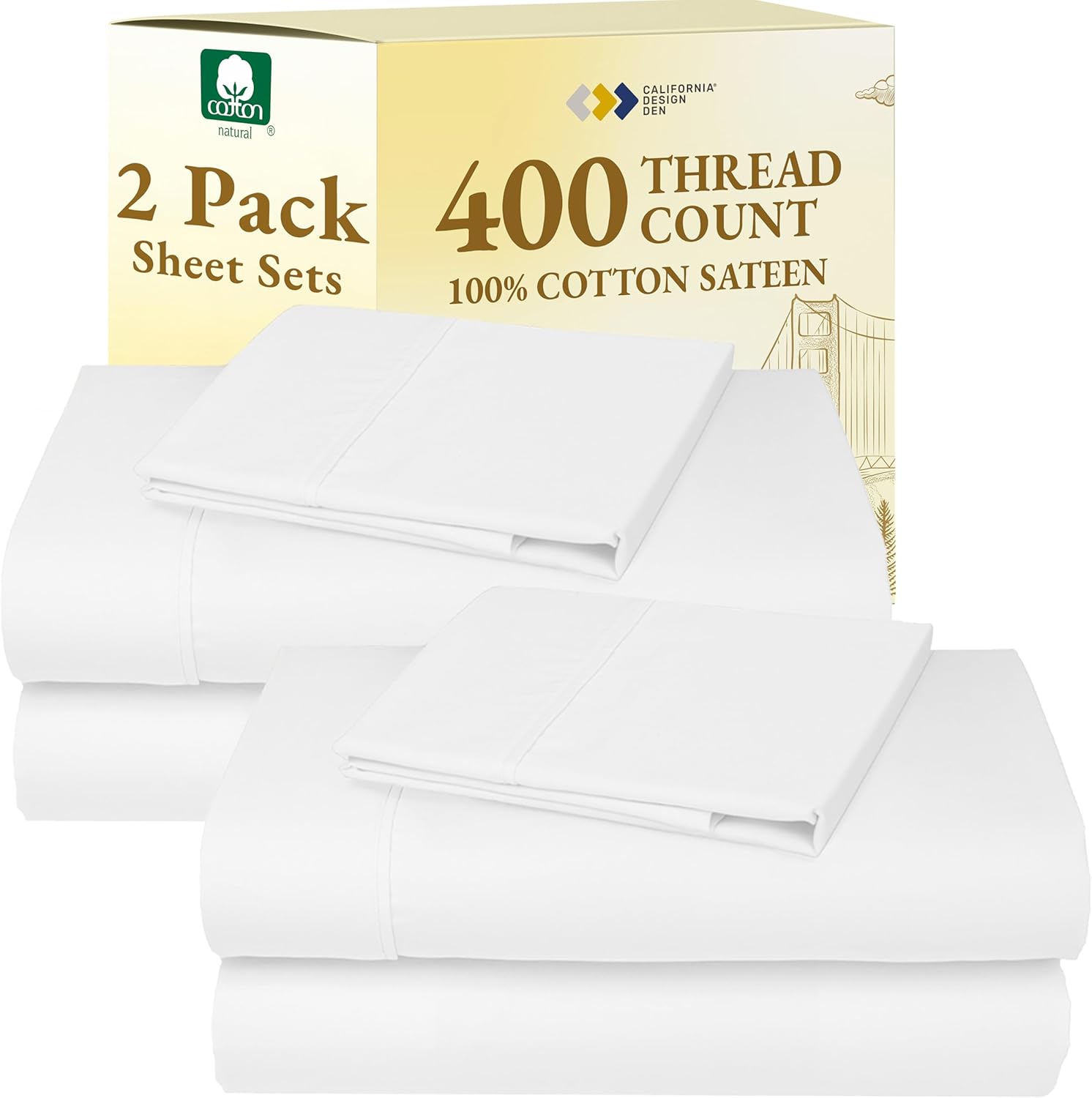 California Design Den Natural 100% Cotton Sheets Queen Size Bed Set - Soft 400 Thread Count Sateen, Queen Sheets, Deep Pockets with All Around Elastic for a Snug Fit, Durable Bedding - White
