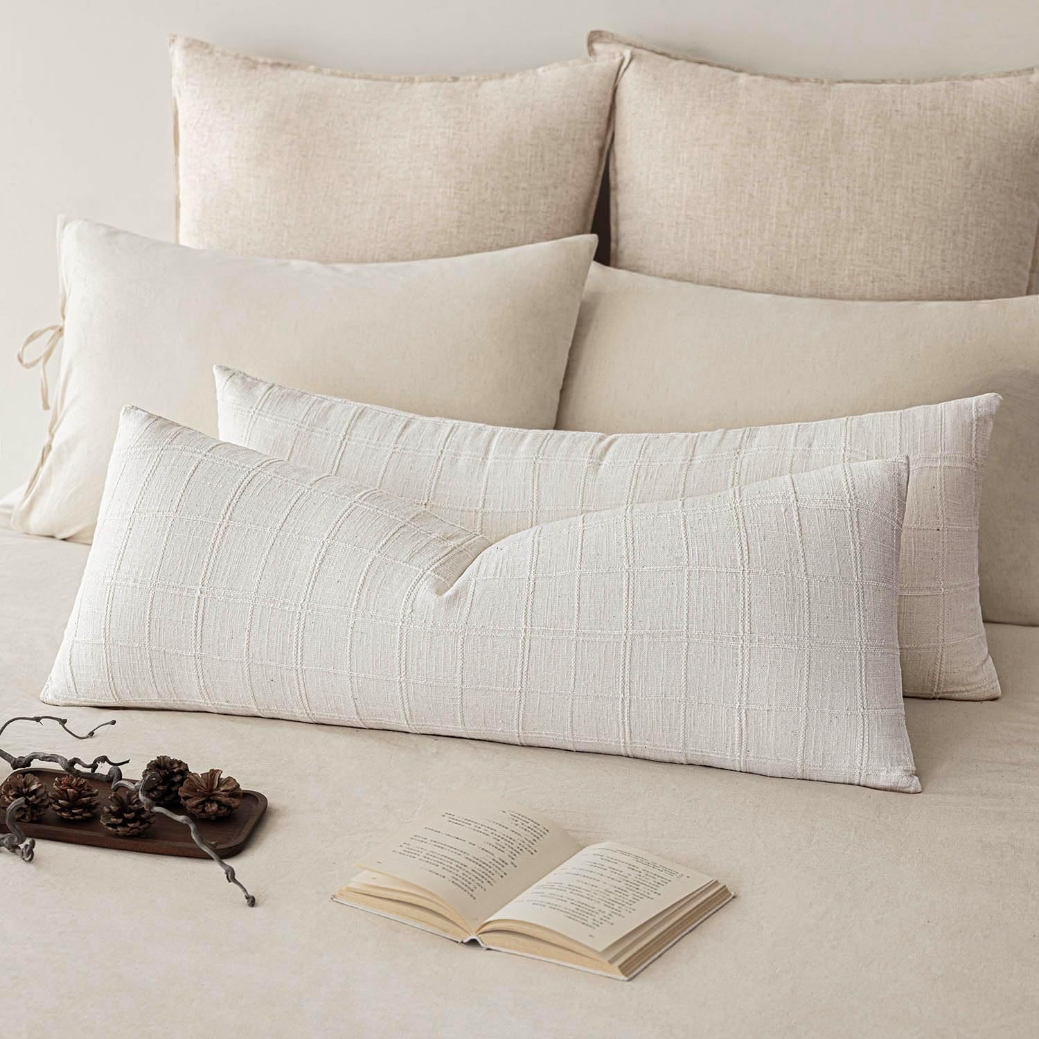 Foindtower Set of 2 Decorative Linen Check Throw Pillow Covers Neutral Farmhouse Vintage Cushion Covers Modern Boho Home Decor for Sofa Chair Couch Bedroom Living Room,26×26 Inch,Olive Green