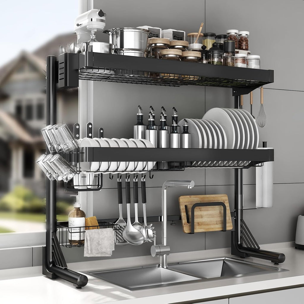 Over The Sink Dish Drainer Drying Rack 3 Tier, Full Stainless Steel Dish Drying Rack Adjustable Length 20.9''-37.4'' , Kitchen Sink Shelf, Organized Space-Saving Dish Rack with Pots and Pans Rack