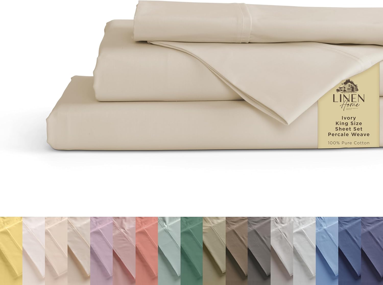 Linen Home 100% Cotton Percale Sheets King Size, White, Deep Pocket, 4 Pieces Set - 1 Flat, 1 Deep Pocket Fitted Sheet and 2 Pillowcases, Crisp Cool and Strong Bed Linen