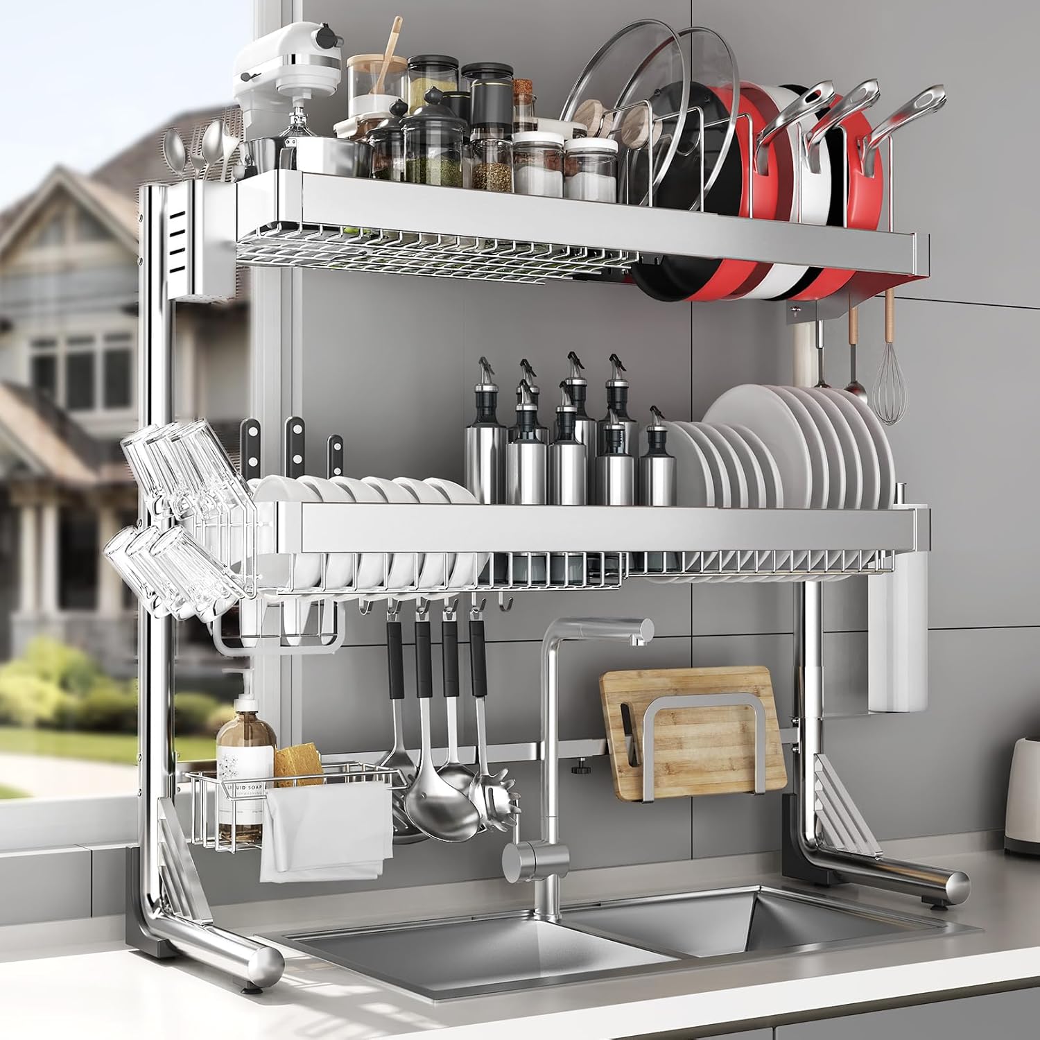 Over The Sink Dish Drainer Drying Rack 3 Tier, Full Stainless Steel Dish Drying Rack Adjustable Length 20.9''-37.4'' , Kitchen Sink Shelf, Organized Space-Saving Dish Rack with Pots and Pans Rack