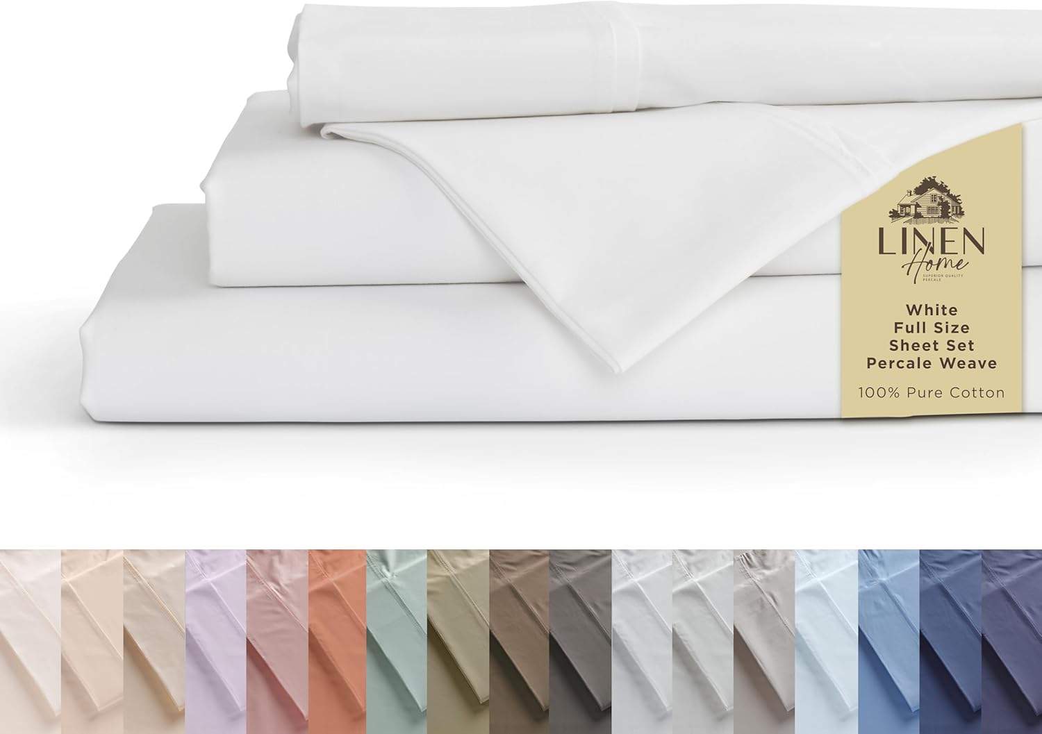 Linen Home 100% Cotton Percale Sheets King Size, White, Deep Pocket, 4 Pieces Set - 1 Flat, 1 Deep Pocket Fitted Sheet and 2 Pillowcases, Crisp Cool and Strong Bed Linen