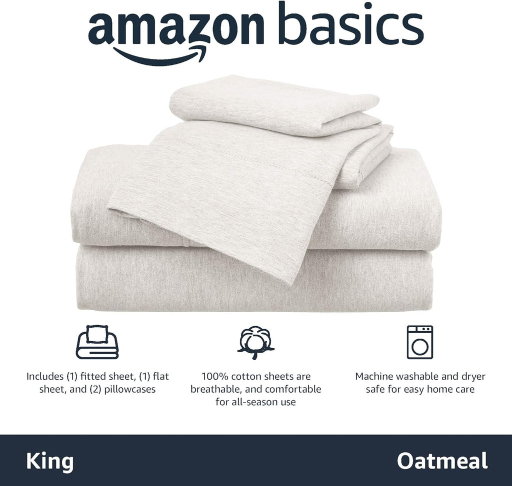 Amazon Basics 4 Piece Bed Sheets Set, 100% Cotton Jersey, Includes Super Soft, Flat and Fitted Sheets, Pillowcase, King, Oatmeal, Solid