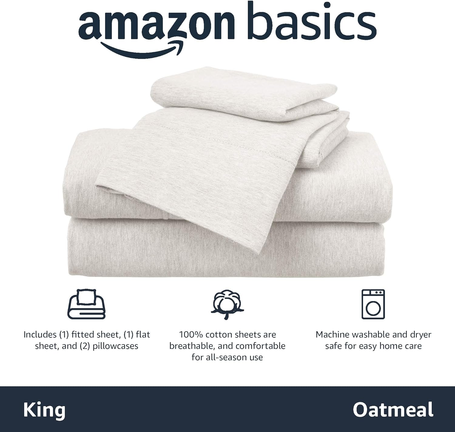 Amazon Basics 4 Piece Bed Sheets Set, 100% Cotton Jersey, Includes Super Soft, Flat and Fitted Sheets, Pillowcase, King, Oatmeal, Solid