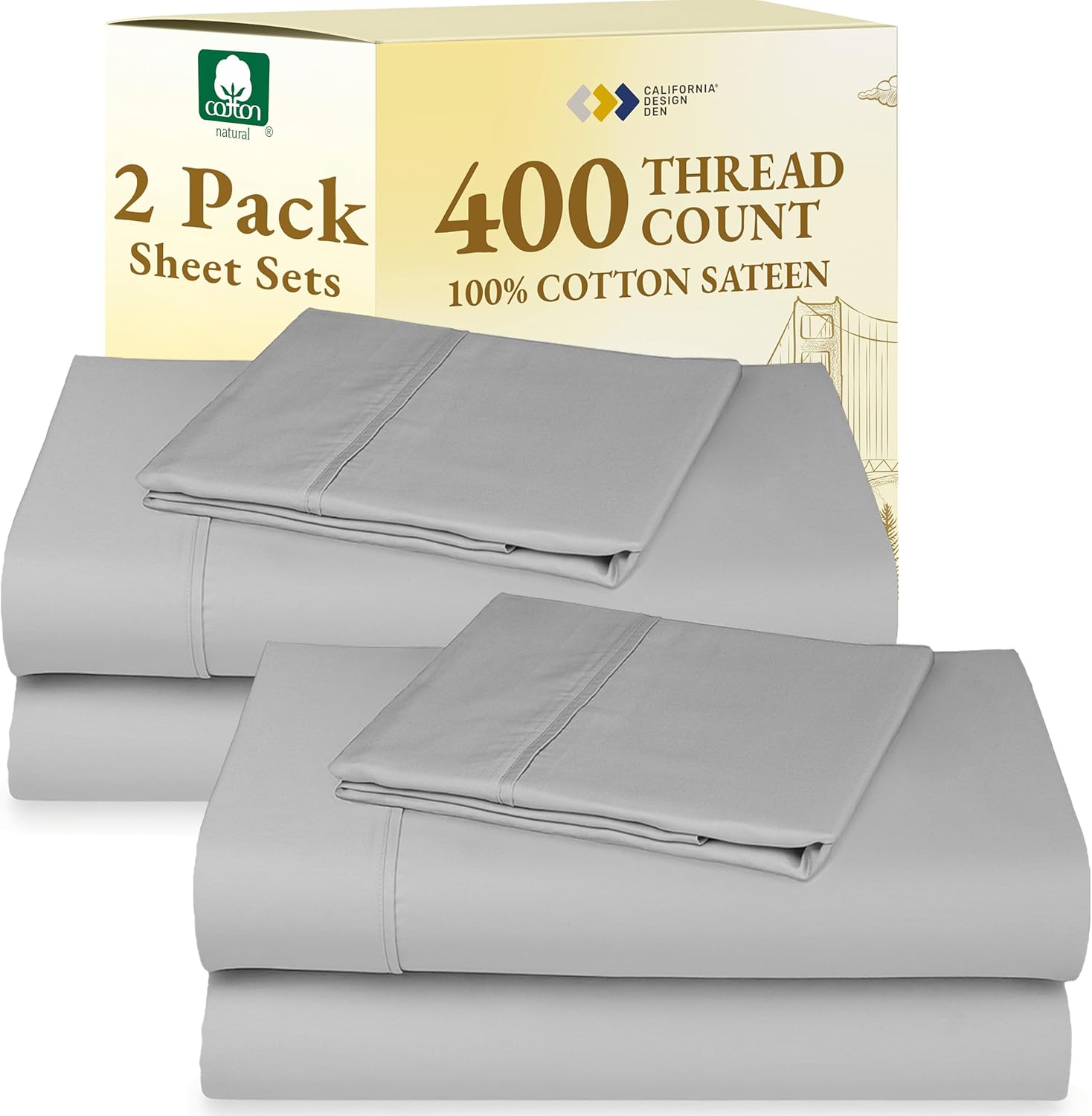 California Design Den Natural 100% Cotton Sheets Queen Size Bed Set - Soft 400 Thread Count Sateen, Queen Sheets, Deep Pockets with All Around Elastic for a Snug Fit, Durable Bedding - White