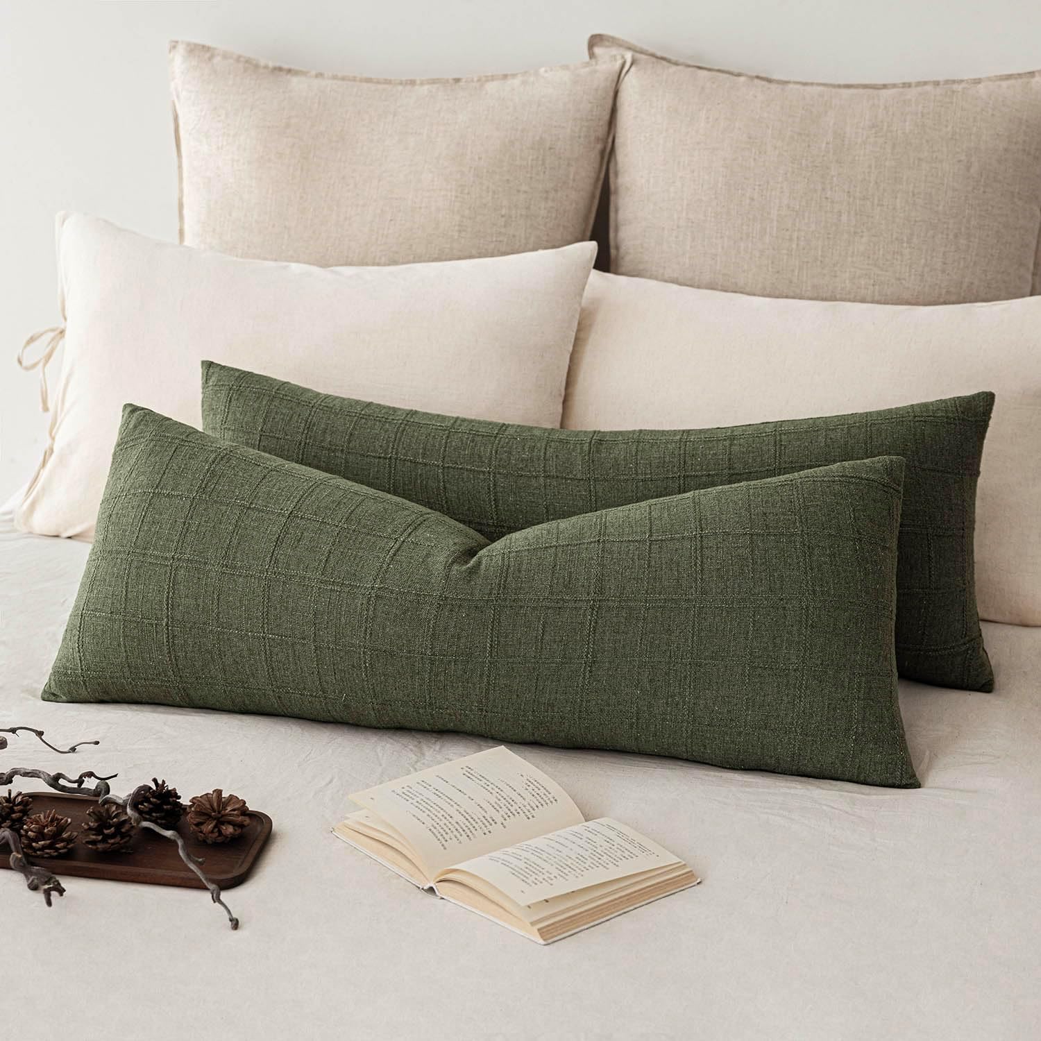 Foindtower Set of 2 Decorative Linen Check Throw Pillow Covers Neutral Farmhouse Vintage Cushion Covers Modern Boho Home Decor for Sofa Chair Couch Bedroom Living Room,26×26 Inch,Olive Green