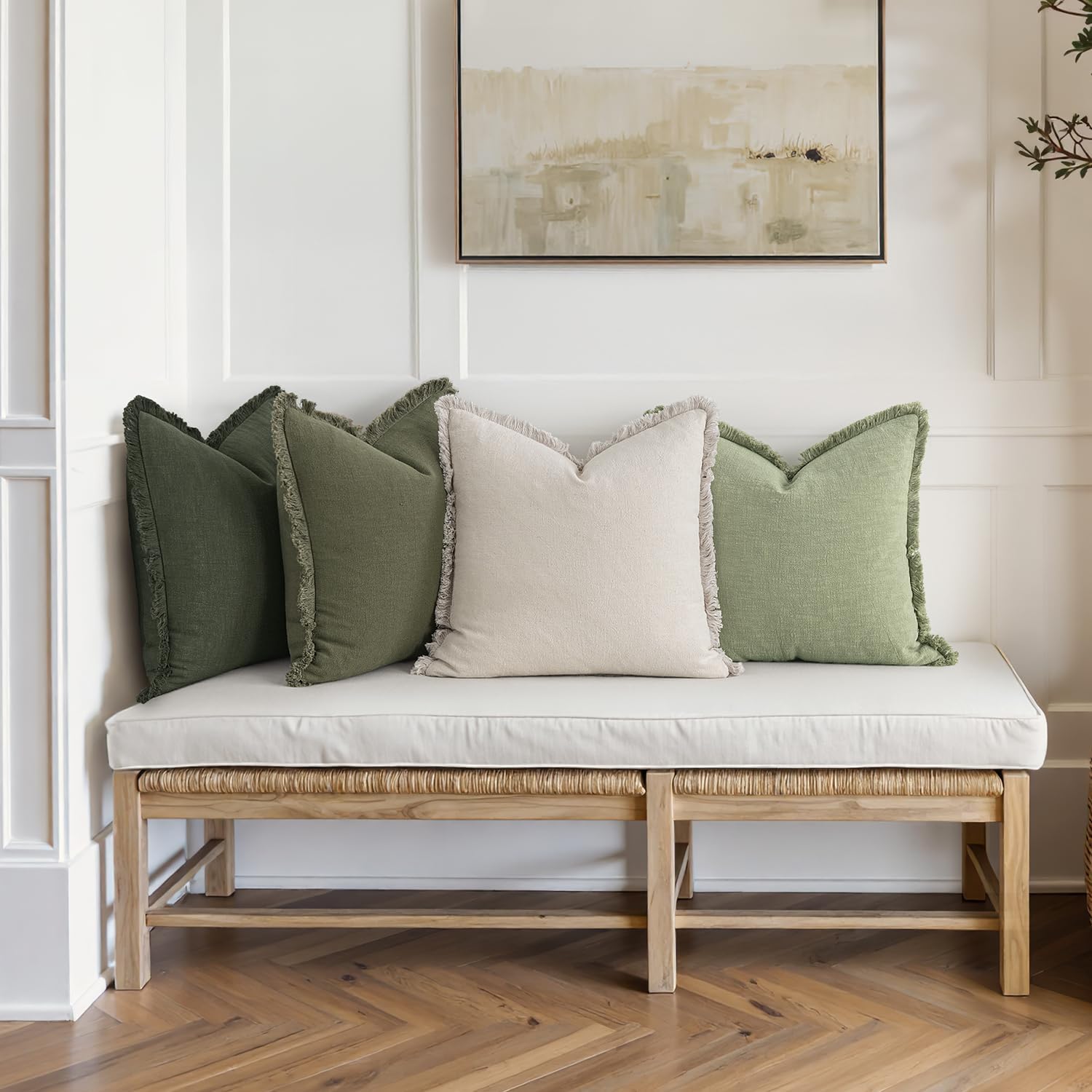 MIULEE Decorative Couch Pillow Covers Neutral Linen Fringe Throw Pillows Set of 4 Boho Farmhouse Soft Accent Cushions for Bed Sofa Living Room Spring Home Decor 24x24 Inch Beige/Sage Green