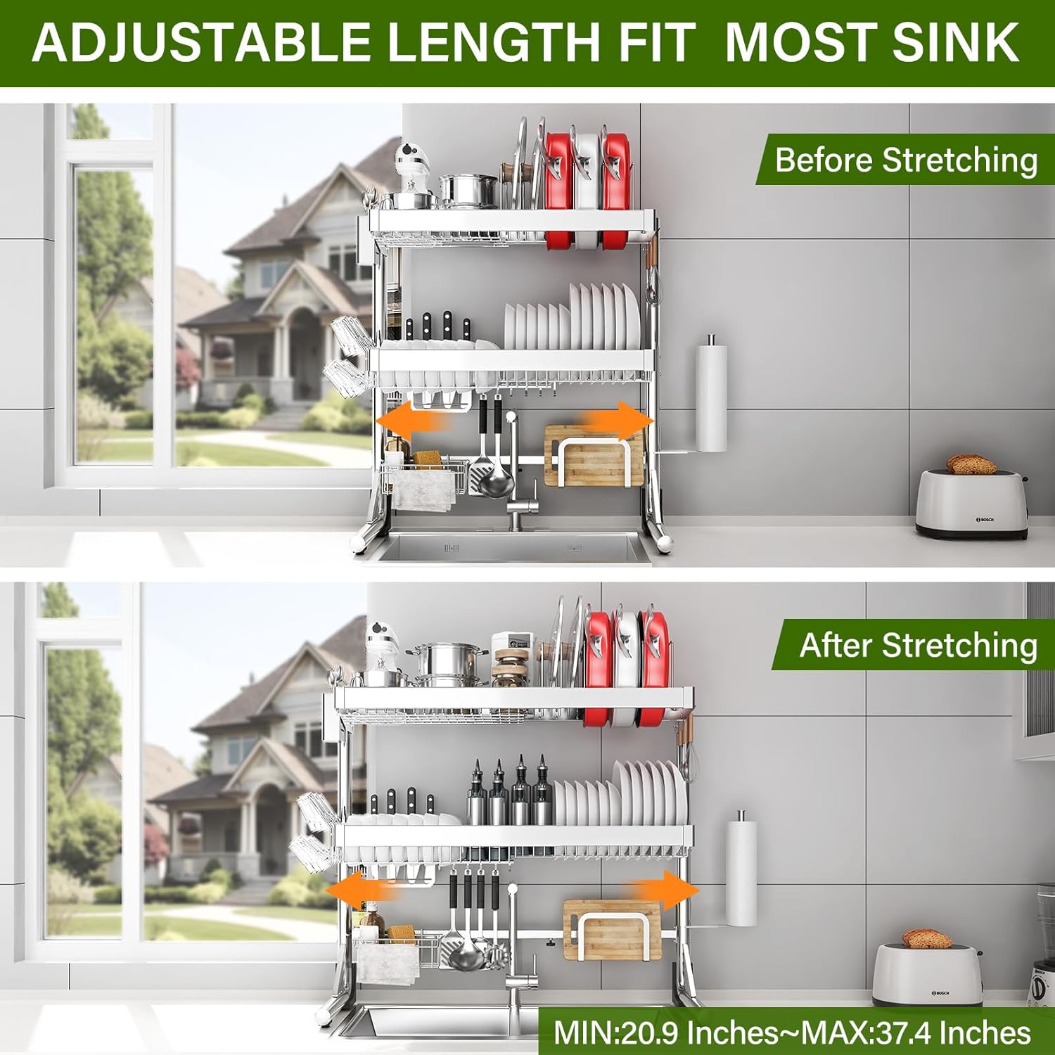 Over The Sink Dish Drainer Drying Rack 3 Tier, Full Stainless Steel Dish Drying Rack Adjustable Length 20.9''-37.4'' , Kitchen Sink Shelf, Organized Space-Saving Dish Rack with Pots and Pans Rack