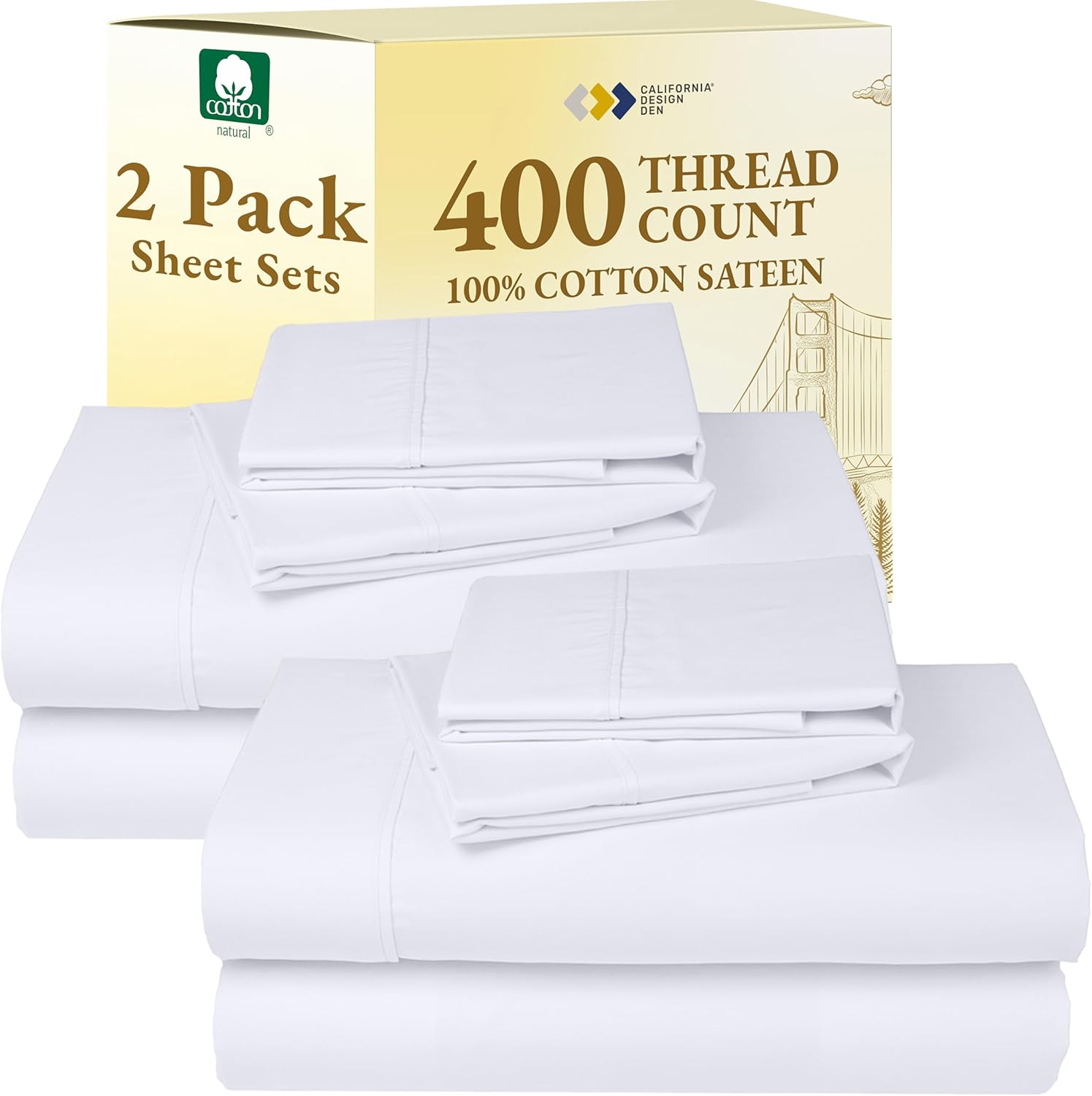 California Design Den Natural 100% Cotton Sheets Queen Size Bed Set - Soft 400 Thread Count Sateen, Queen Sheets, Deep Pockets with All Around Elastic for a Snug Fit, Durable Bedding - White