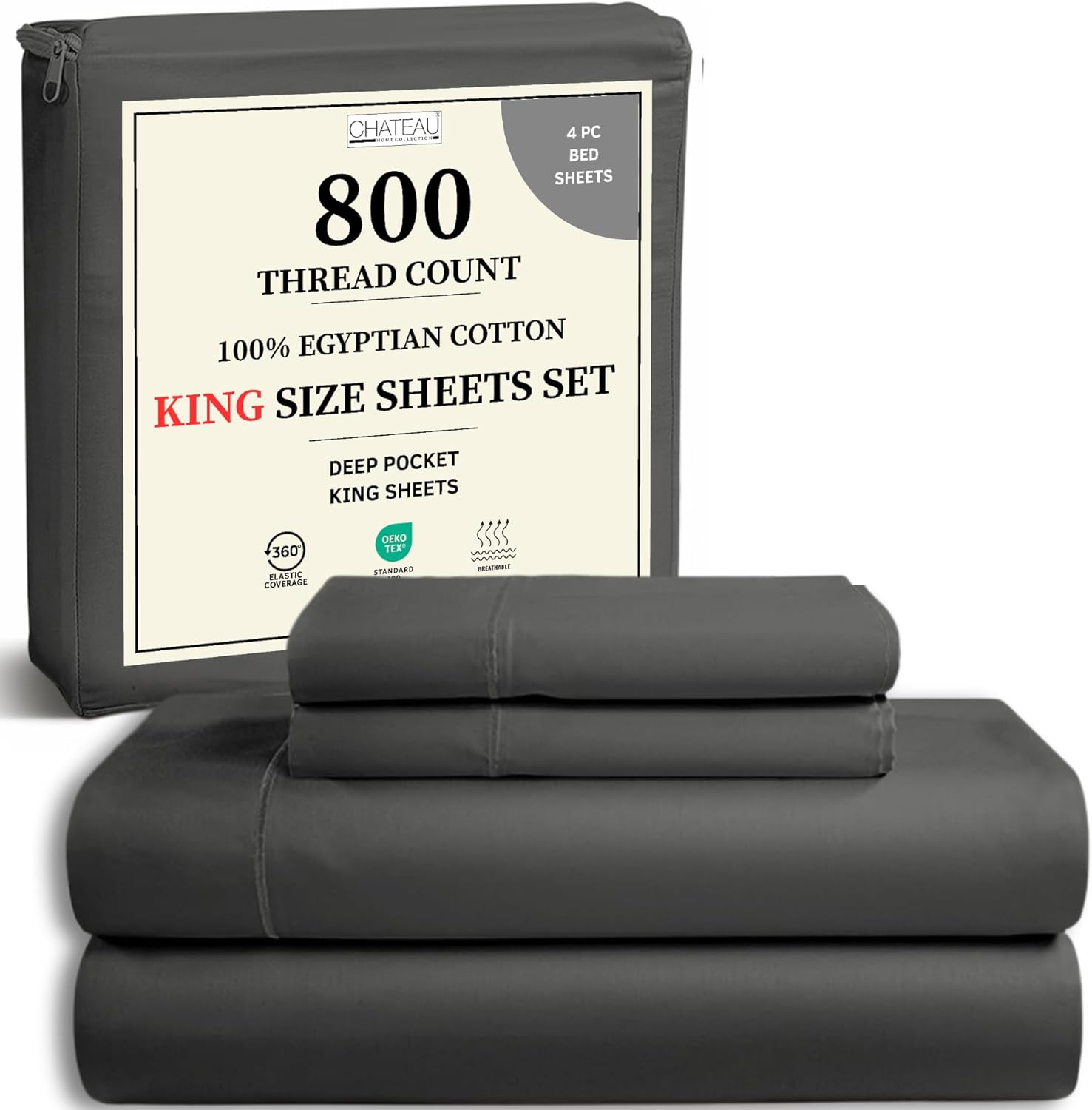 100% Egyptian Cotton Sheets King Size Sheets Set with Fully Elasticated Fitted Sheet & Pillowcase sets, 800 TC Hotel Collection Deep Pocket King Sheet Set, No Pill Soft Breathable Luxury White Bedding