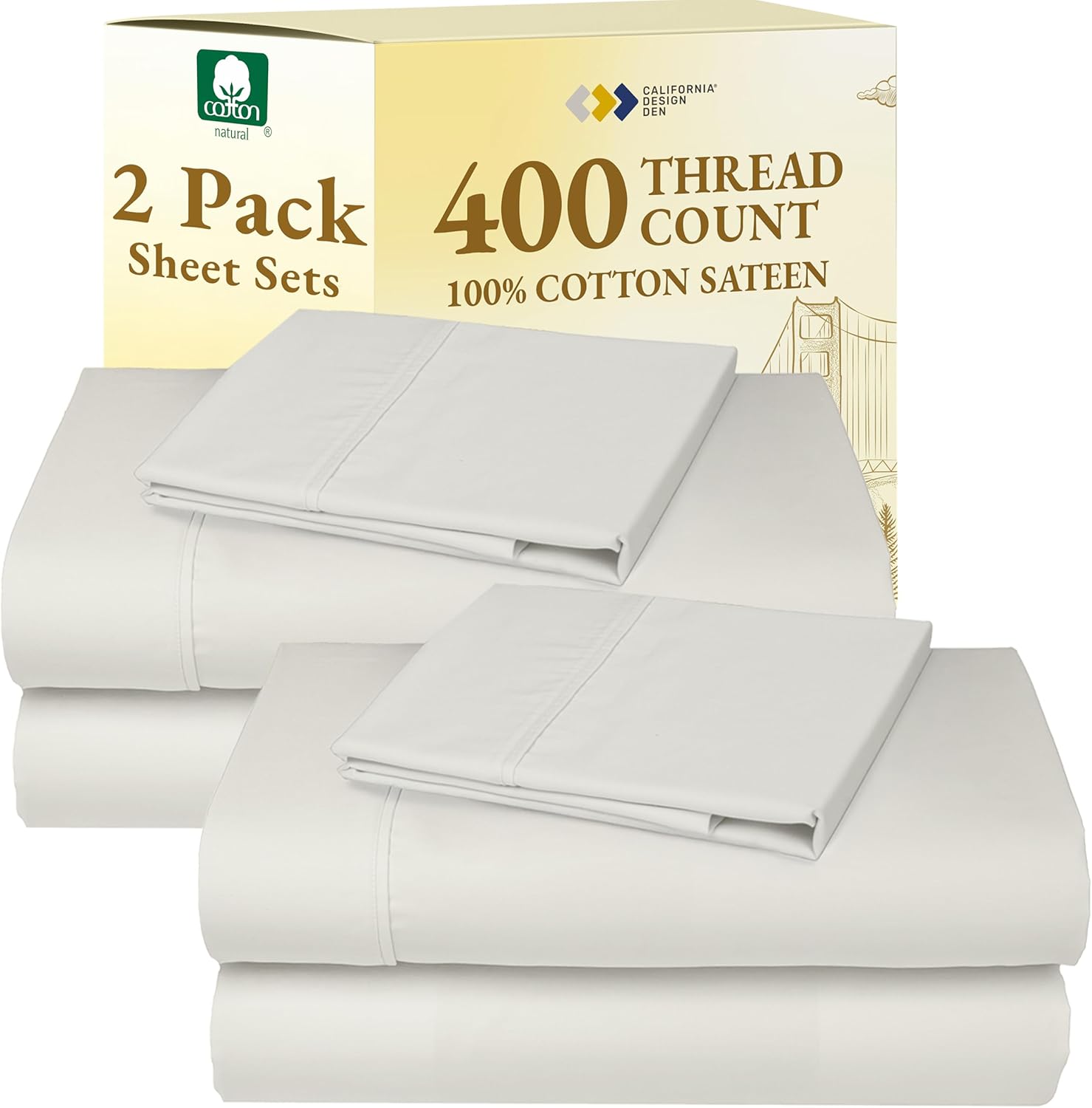 California Design Den Natural 100% Cotton Sheets Queen Size Bed Set - Soft 400 Thread Count Sateen, Queen Sheets, Deep Pockets with All Around Elastic for a Snug Fit, Durable Bedding - White