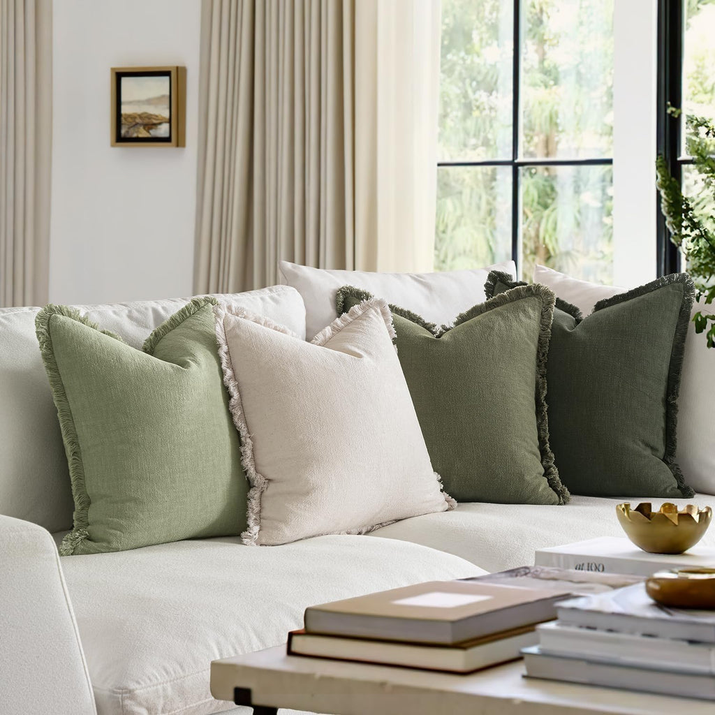 MIULEE Decorative Couch Pillow Covers Neutral Linen Fringe Throw Pillows Set of 4 Boho Farmhouse Soft Accent Cushions for Bed Sofa Living Room Spring Home Decor 24x24 Inch Beige/Sage Green
